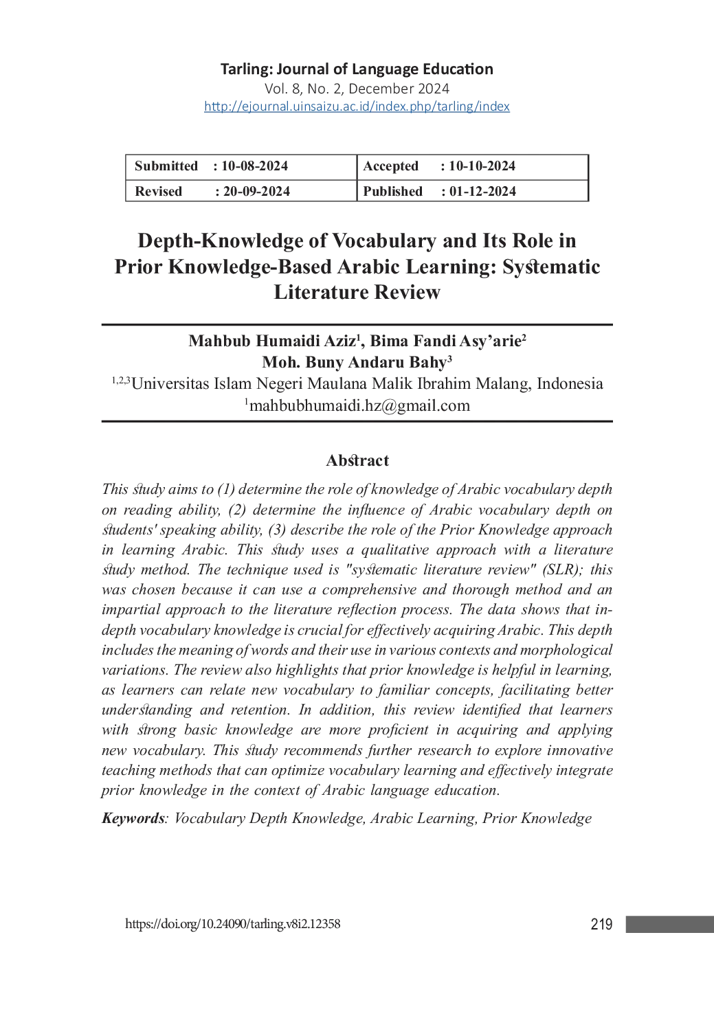 JURIS Depth Knowledge of Vocabulary and Its Role in Prior Knowledge Based Arabic Learning Systematic Literature Review