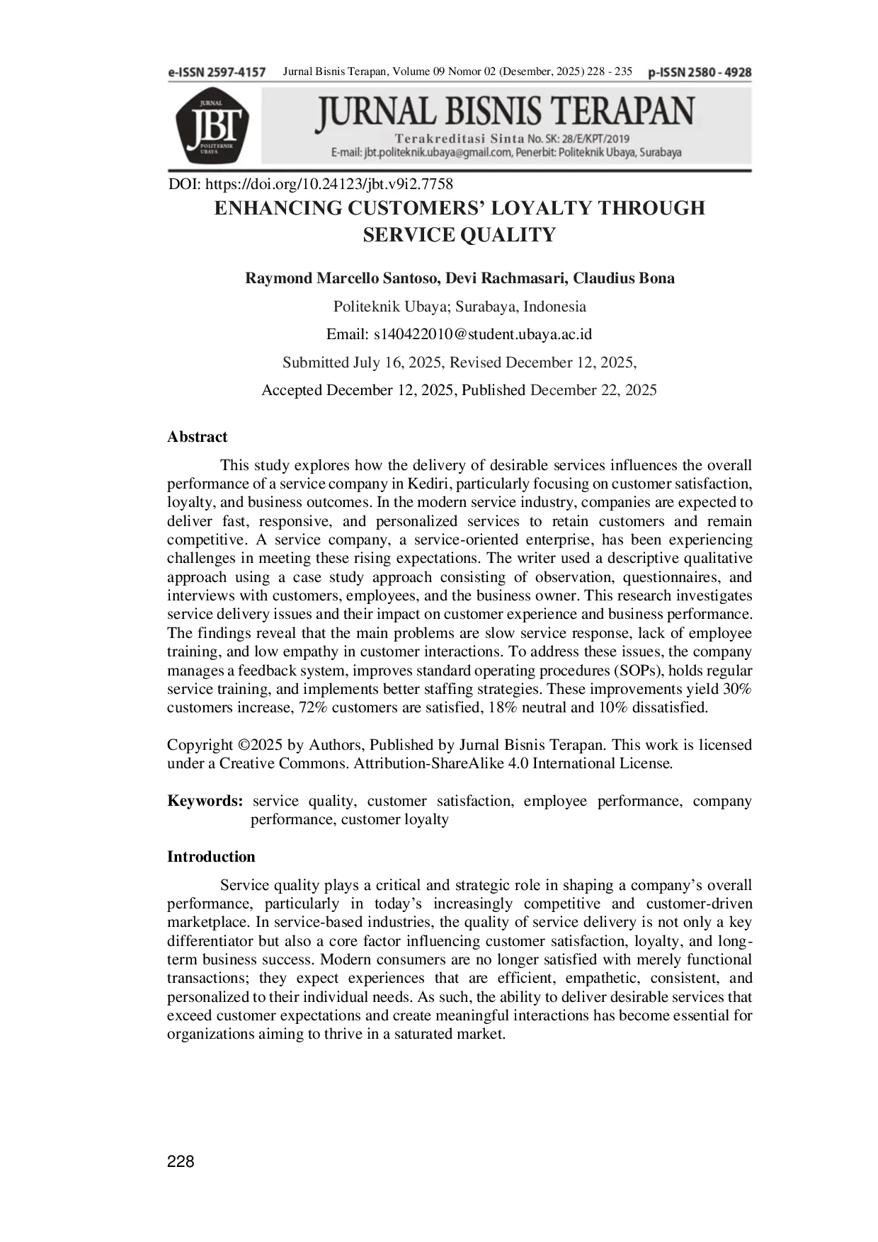 JURIS Enhancing Customers Loyalty Through Service Quality