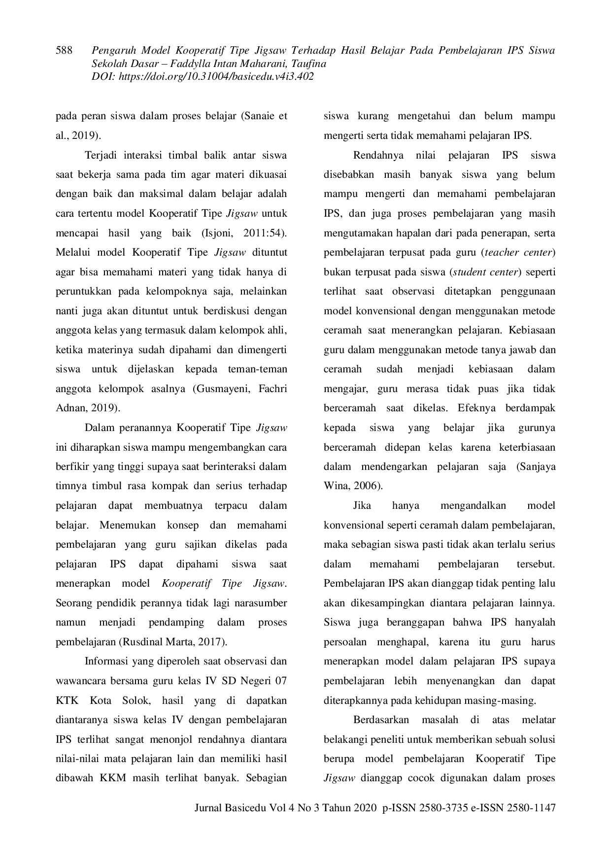 JURIS Pengaruh Model Kooperatif Tipe Jigsaw Terhadap Hasil Belajar IPS Siswa Sekolah Dasar