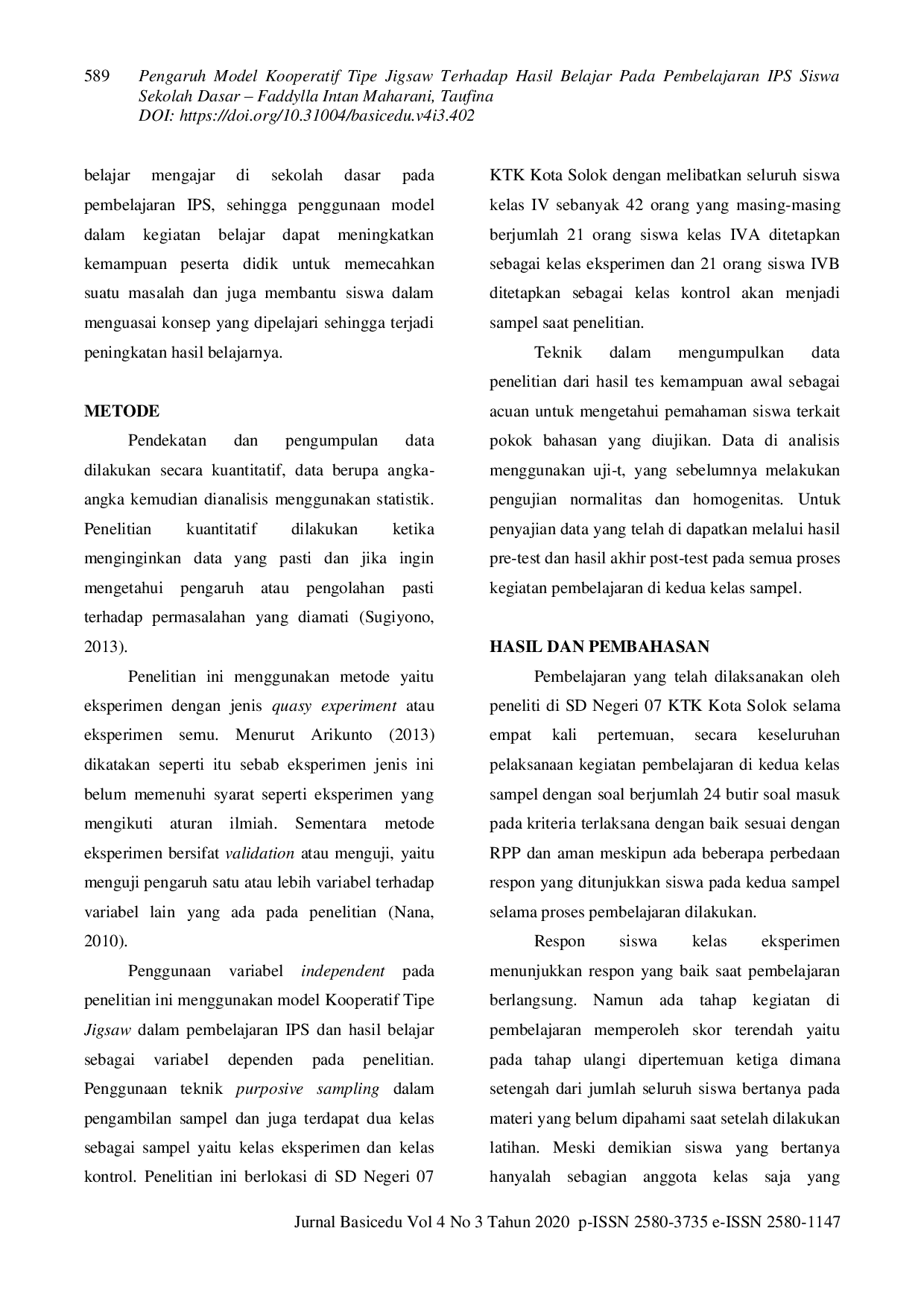 JURIS Pengaruh Model Kooperatif Tipe Jigsaw Terhadap Hasil Belajar IPS Siswa Sekolah Dasar