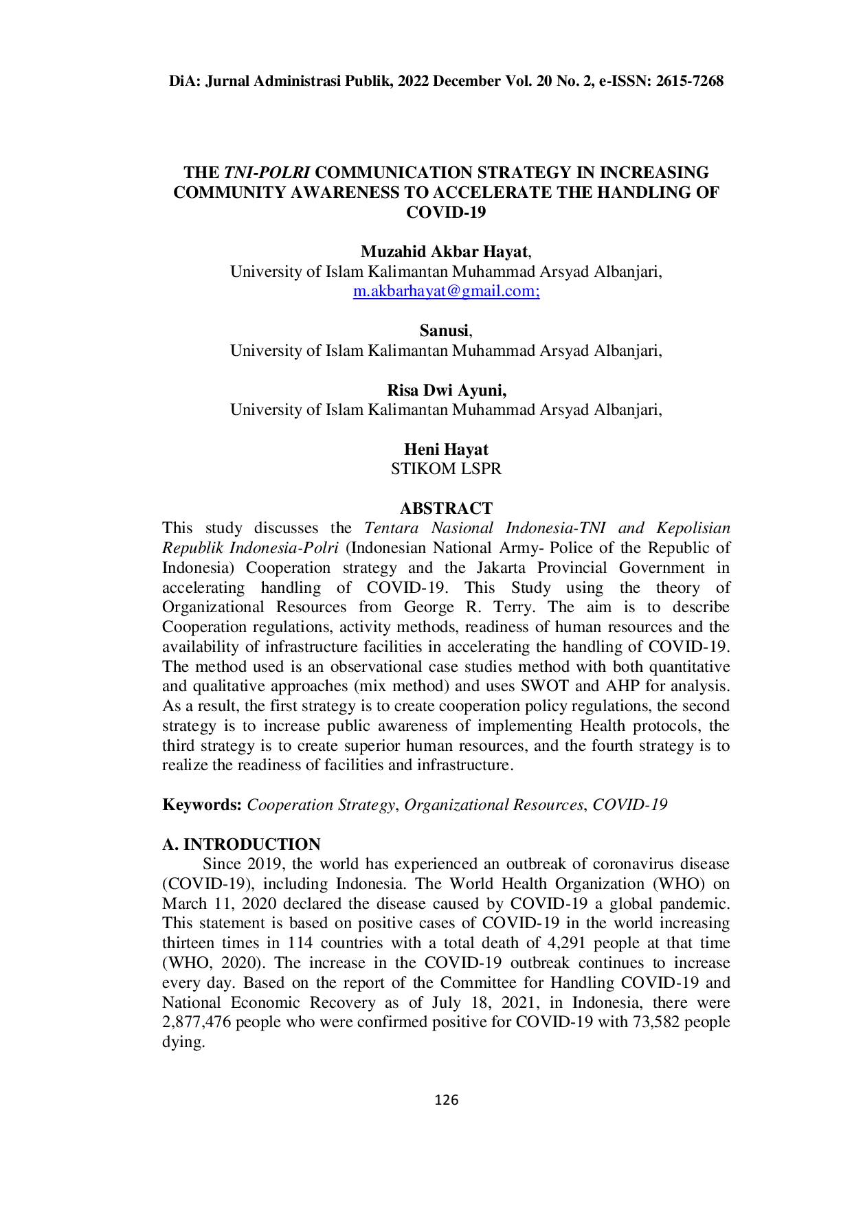 JURIS The Tni Polri Communication Strategy in Increasing Community Awareness to Accelerate the Handling of Covid 19