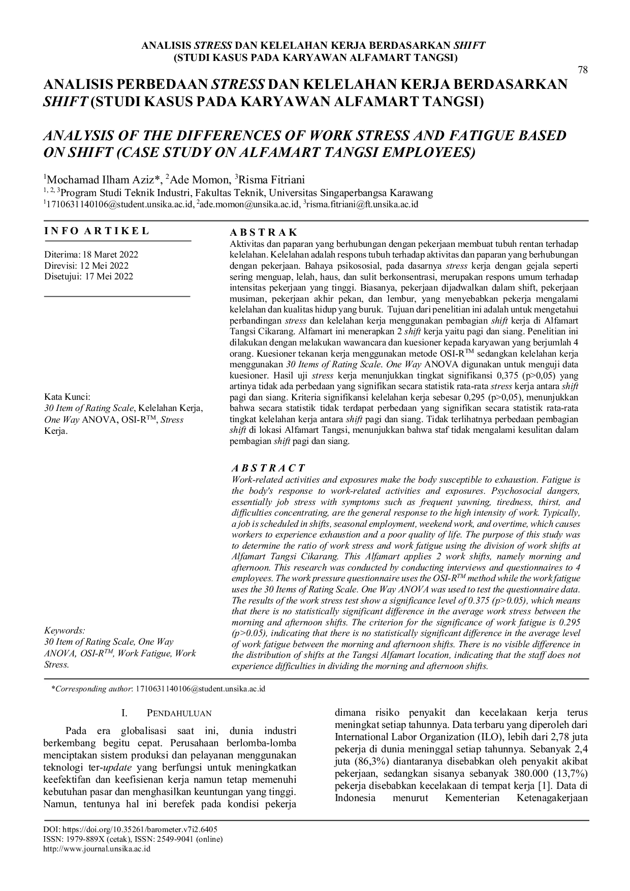 JURIS Analisis Stress dan Kelelahan Kerja Berdasarkan Shift Studi Kasus Pada Karyawan Alfamart Tangsi