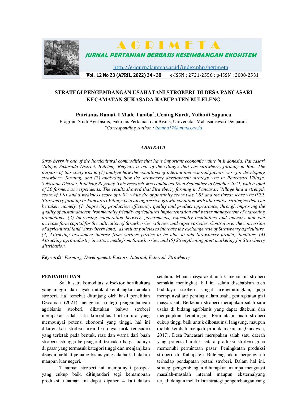 JURIS Strategi Pengembangan Usahatani Stroberi Di Desa Pancasari Kecamatan Sukasada Kabupaten Buleleng