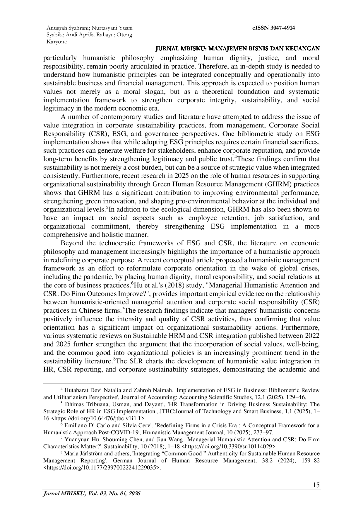 JURIS Integration of Humanistic Philosophy in Sustainable Business and Finance Management A Literature Study