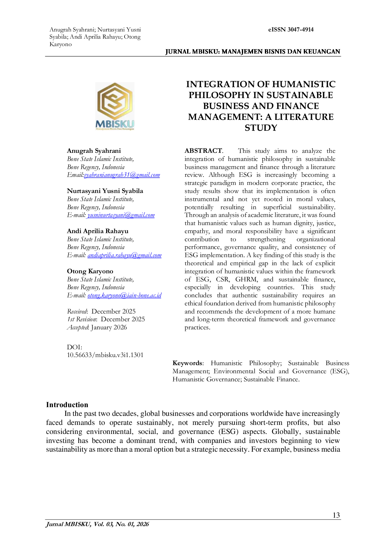 JURIS Integration of Humanistic Philosophy in Sustainable Business and Finance Management A Literature Study