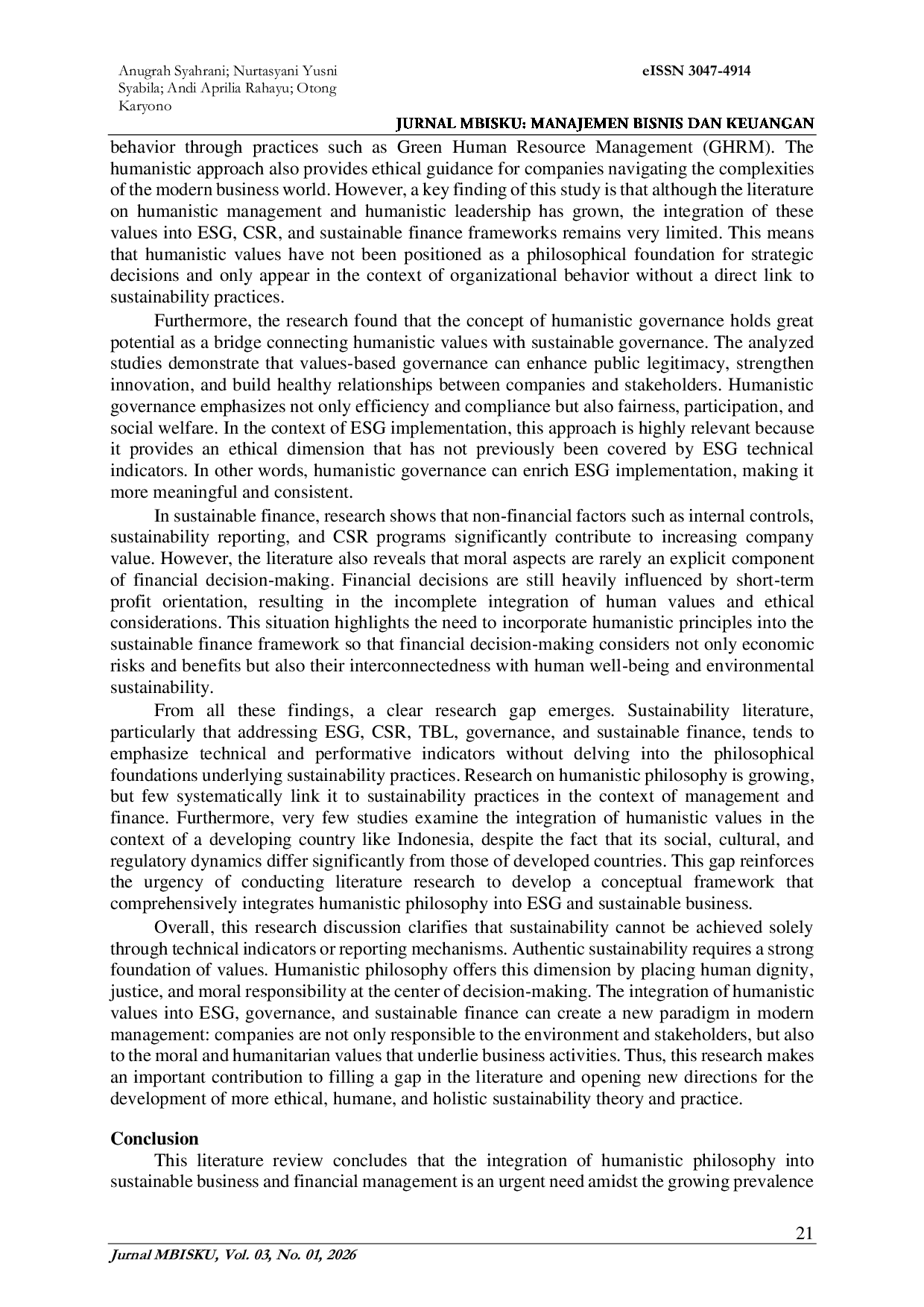 JURIS Integration of Humanistic Philosophy in Sustainable Business and Finance Management A Literature Study