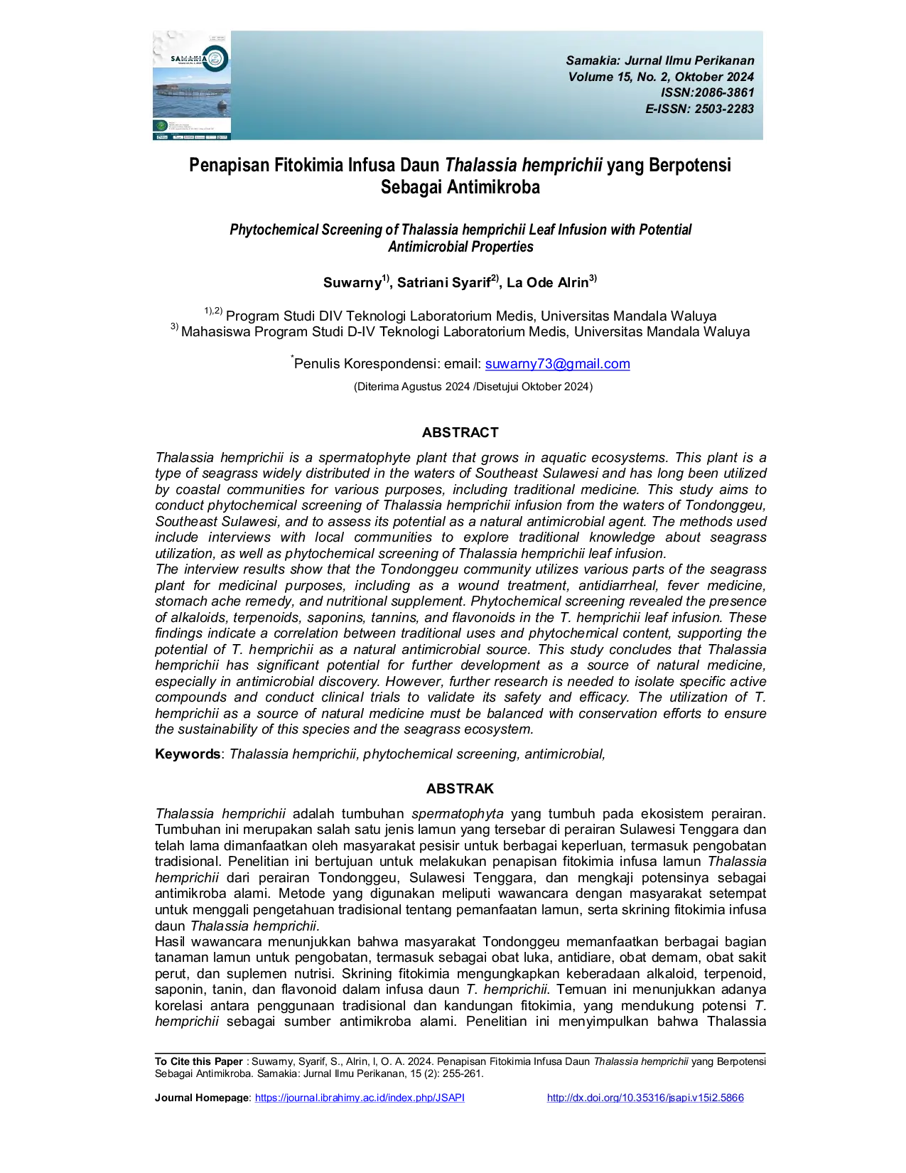 JURIS Penapisan Fitokimia Infusa Daun Thalassia Hemprichii Yang Berpotensi Sebagai Antimikroba