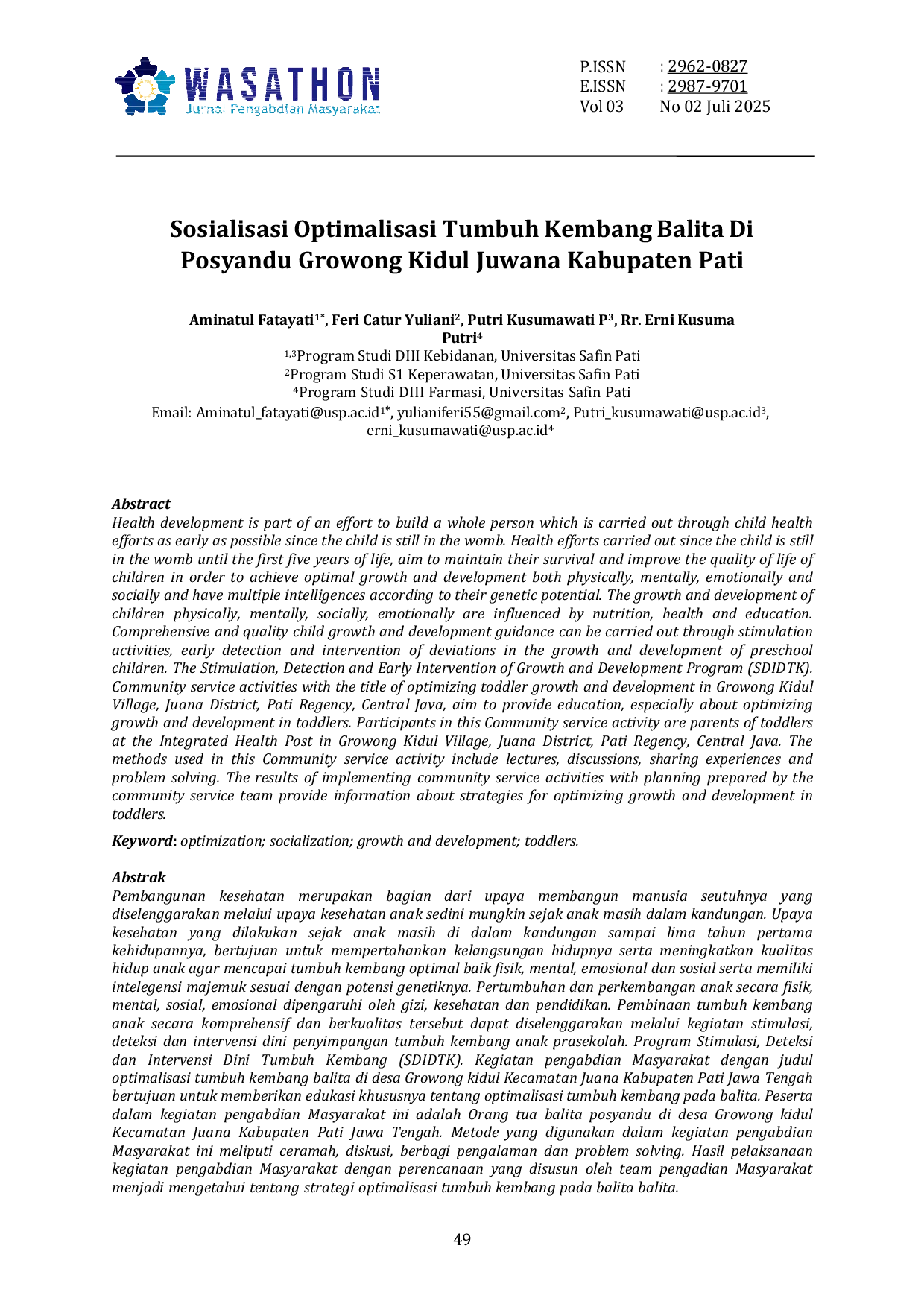 JURIS Socialization of Optimizing Toddler Growth and Development at the Growong Kidul Juwana Integrated Health Post Pati Regency