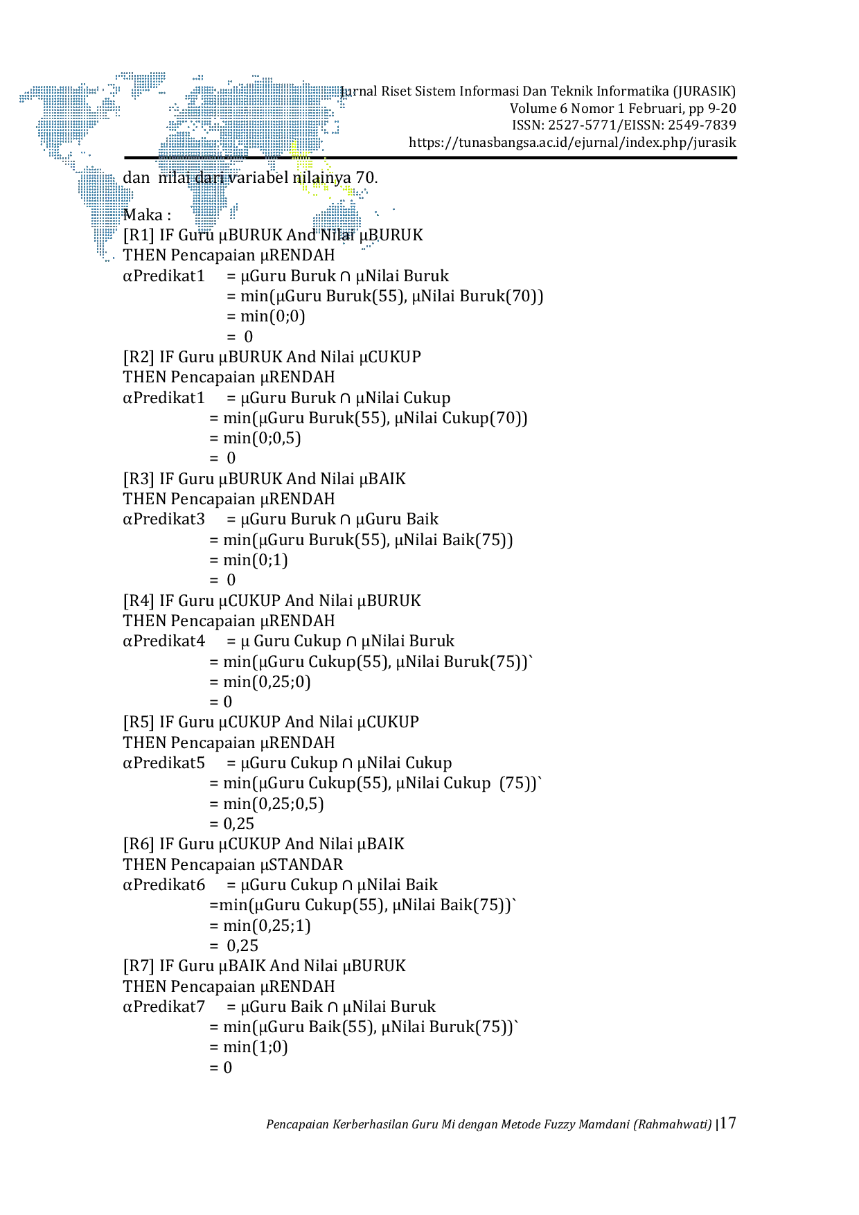 JURIS Penerapan Fuzzy Mamdani Dalam Menentukan Pencapaian Keberhasilan Mengajar Guru MI Mambaul Ulum Al Amin Sampit