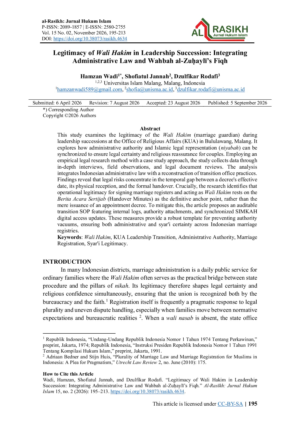 JURIS Legitimacy of Wali Hakim in Leadership Succession Integrating Administrative Law and Wahbah al Zuuayl s Fiqh