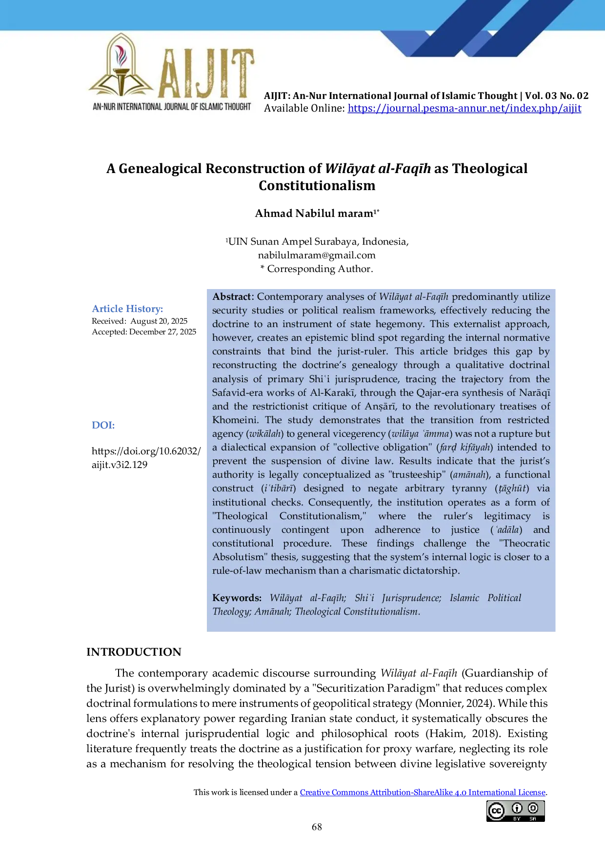 JURIS A Genealogical Reconstruction of WilAyat al Faqh as Theological Constitutionalism