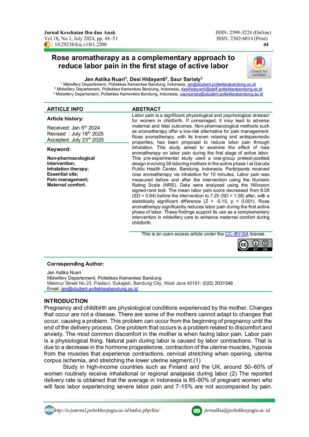 JURIS Rose aromatherapy as a complementary approach to reduce labor pain in the first stage of active labor