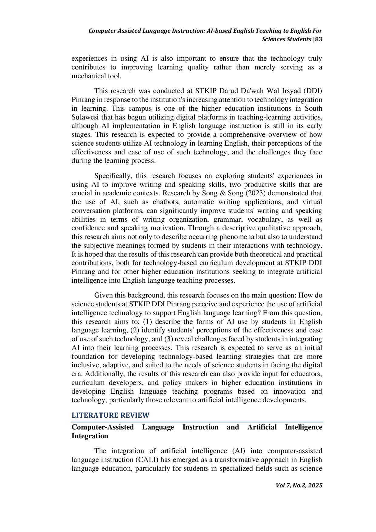 JURIS Computer Assisted Language Instruction AI based English Teaching to English For Sciences Students