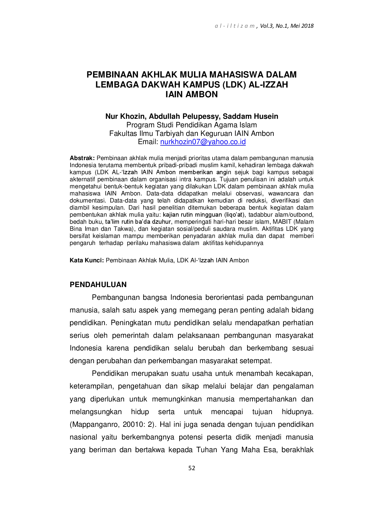 juris Pembinaan Akhlak Mulia Mahasiswa Dalam Lembaga Dakwah Kampus Ldk Al Izzah Iain Ambon