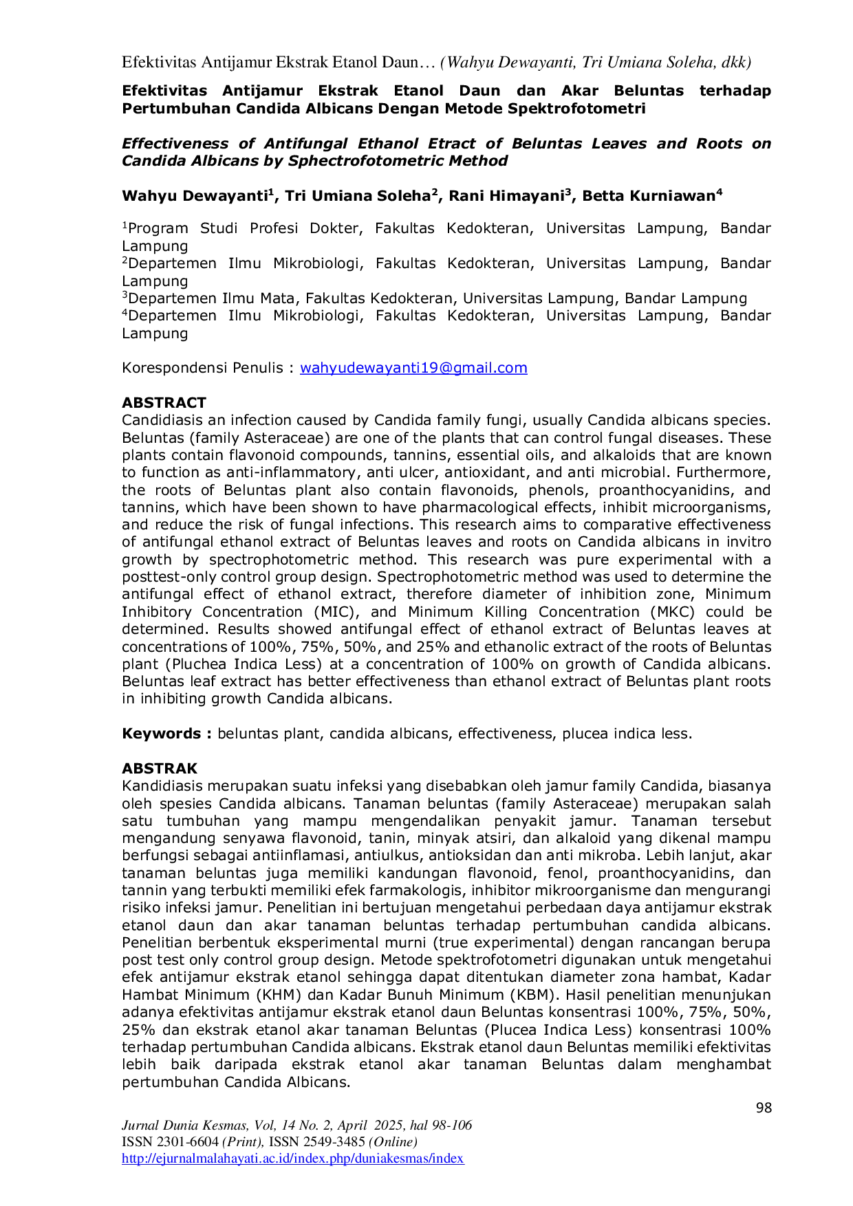 JURIS Efektivitas Antijamur Ekstrak Etanol Daun dan Akar Beluntas terhadap Pertumbuhan Candida Albicans dengan Metode Spektrofometri