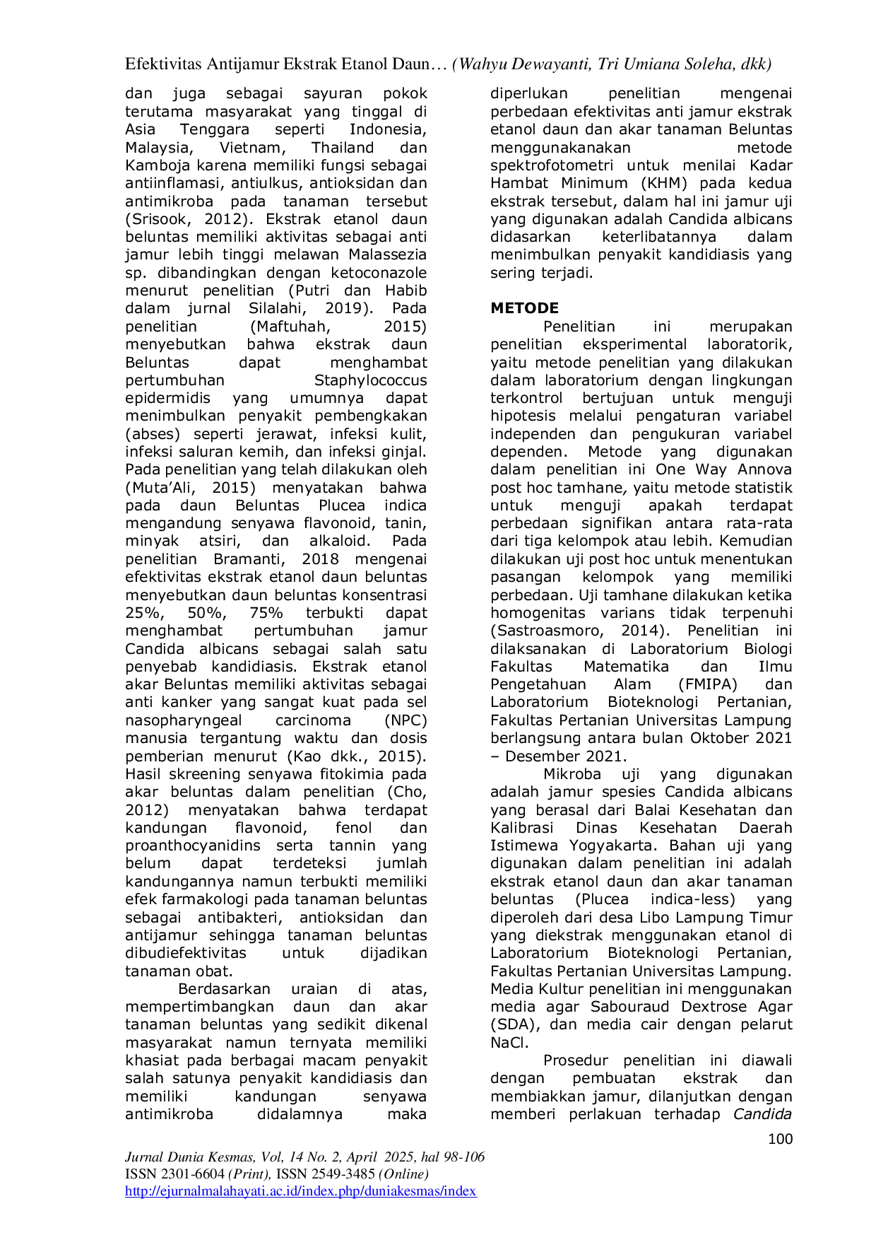 JURIS Efektivitas Antijamur Ekstrak Etanol Daun dan Akar Beluntas terhadap Pertumbuhan Candida Albicans dengan Metode Spektrofometri