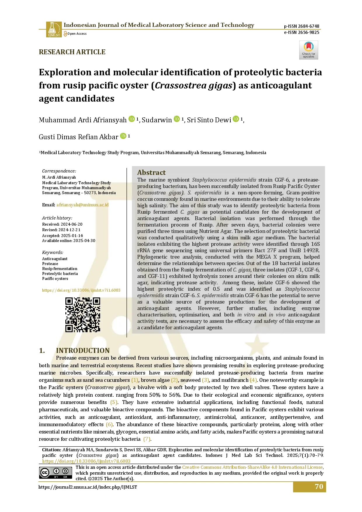 juris Exploration and molecular identification of proteolytic bacteria from rusip pacific oyster Crassostrea gigas as anticoagulant agent candidates