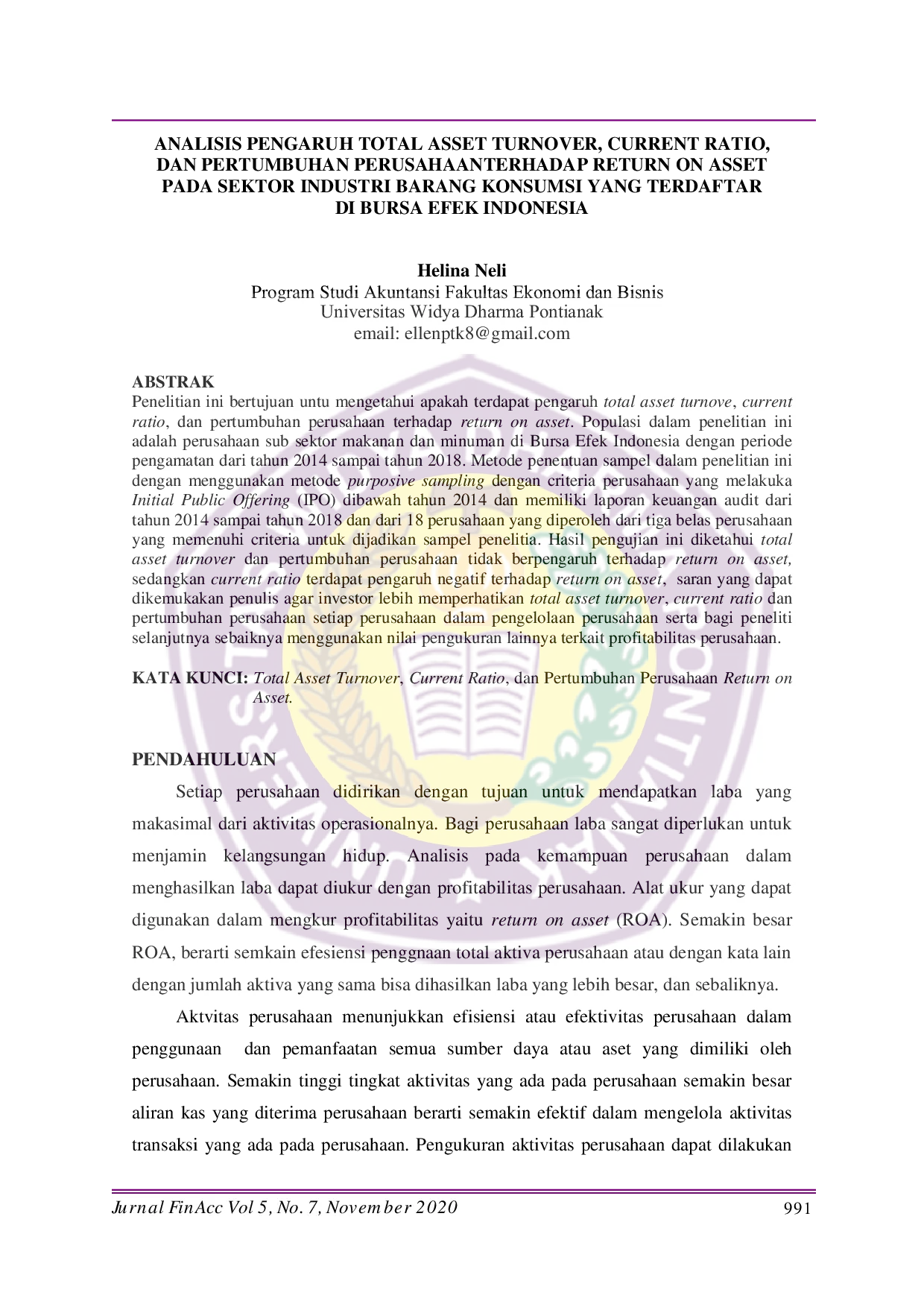 JURIS Analisis Pengaruh Total Asset Turnover Current Ratio Dan Pertumbuhan Perusahaan Terhadap Return On Asset Pada Sektor Industri Barang Konsumsi Yang Terdaftar Di Bursa Efek Indonesia