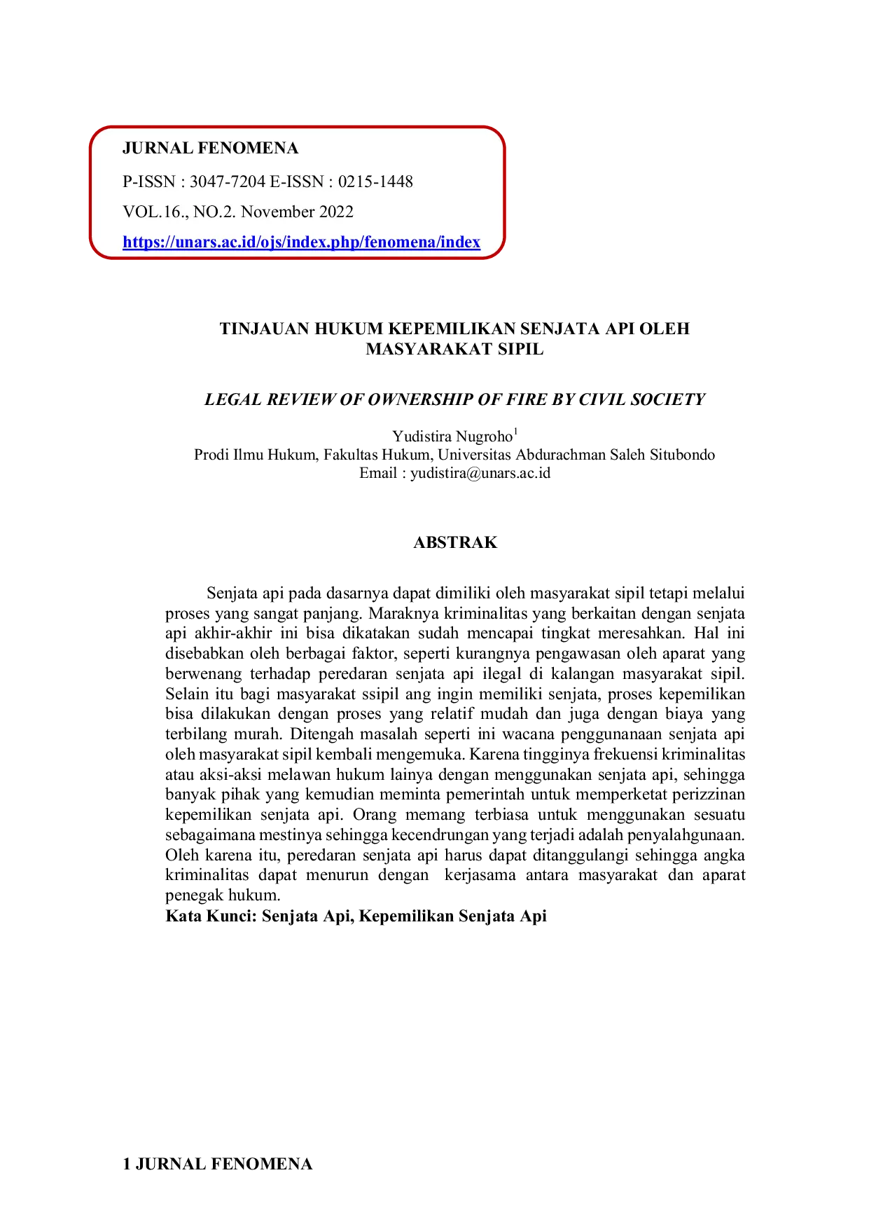 JURIS Tinjauan Hukum Kepemilikan Senjata Api Oleh Masyarakat Sipil