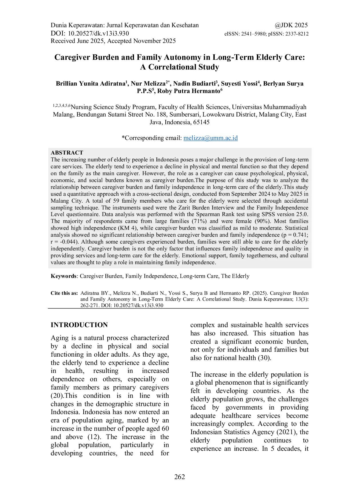 JURIS Caregiver Burden and Family Autonomy in Long Term Elderly Care A Correlational Study