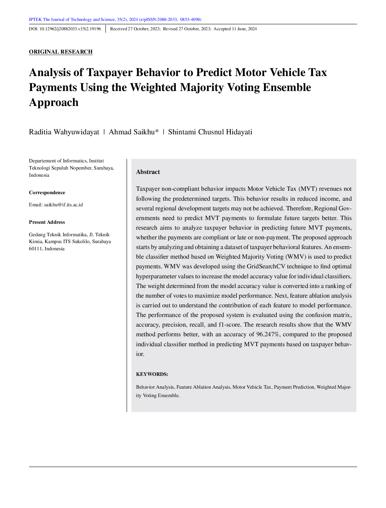 JURIS Analysis of Taxpayer Behavior to Predict Motor Vehicle Tax Payments Using the Weighted Majority Voting Ensemble Approach