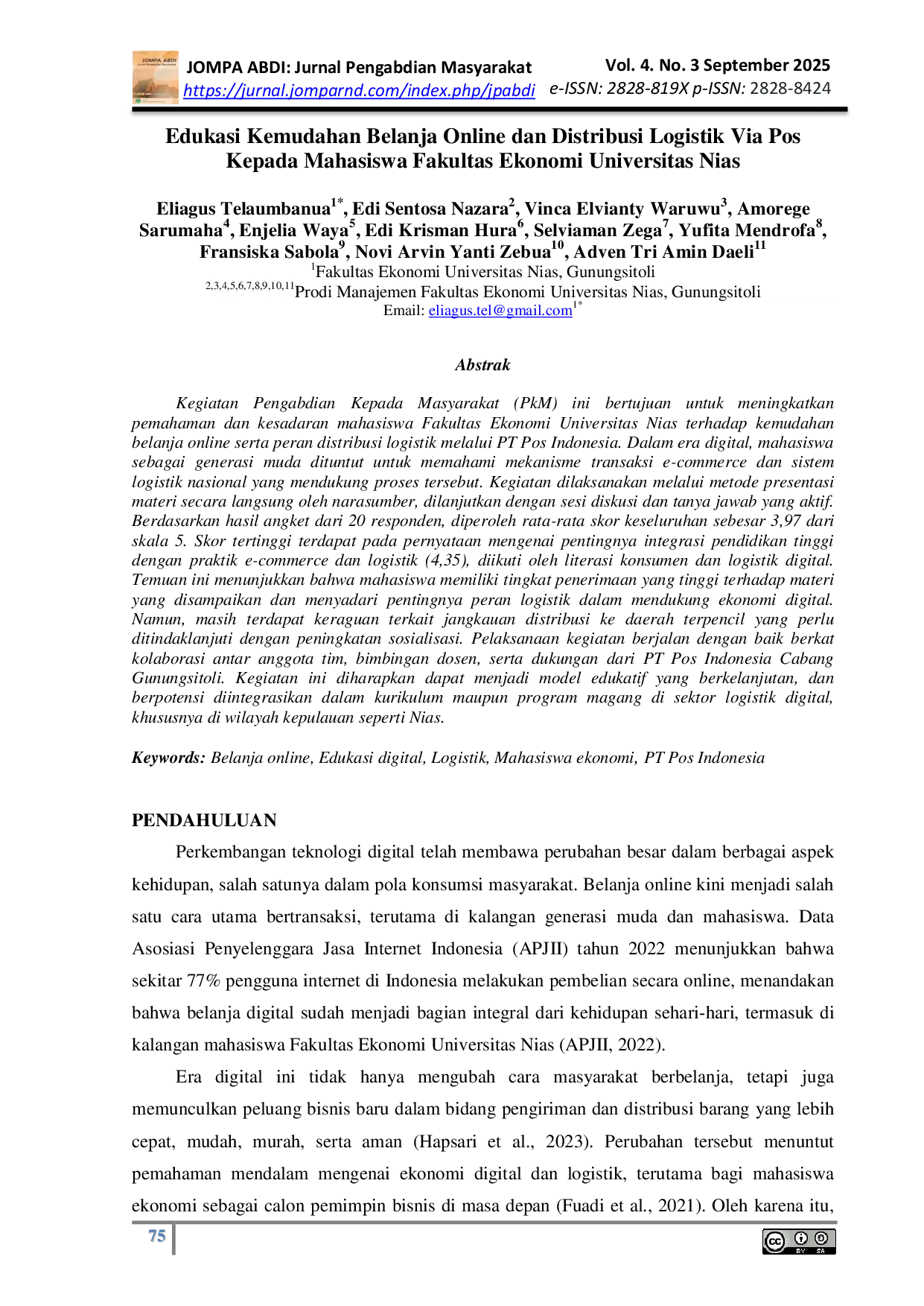 JURIS Edukasi Kemudahan Belanja Online dan Distribusi Logistik Via Pos Kepada Mahasiswa Fakultas Ekonomi Universitas Nias