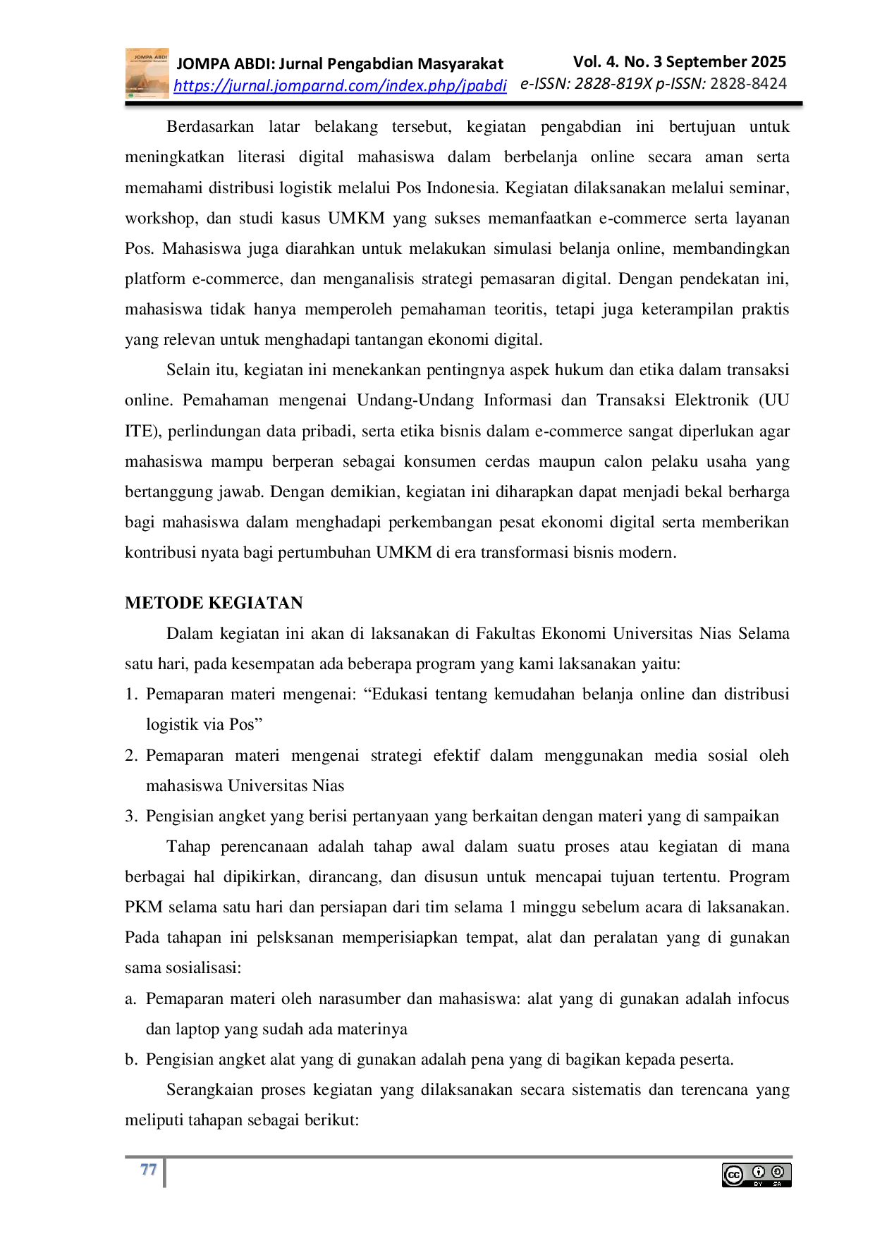 JURIS Edukasi Kemudahan Belanja Online dan Distribusi Logistik Via Pos Kepada Mahasiswa Fakultas Ekonomi Universitas Nias