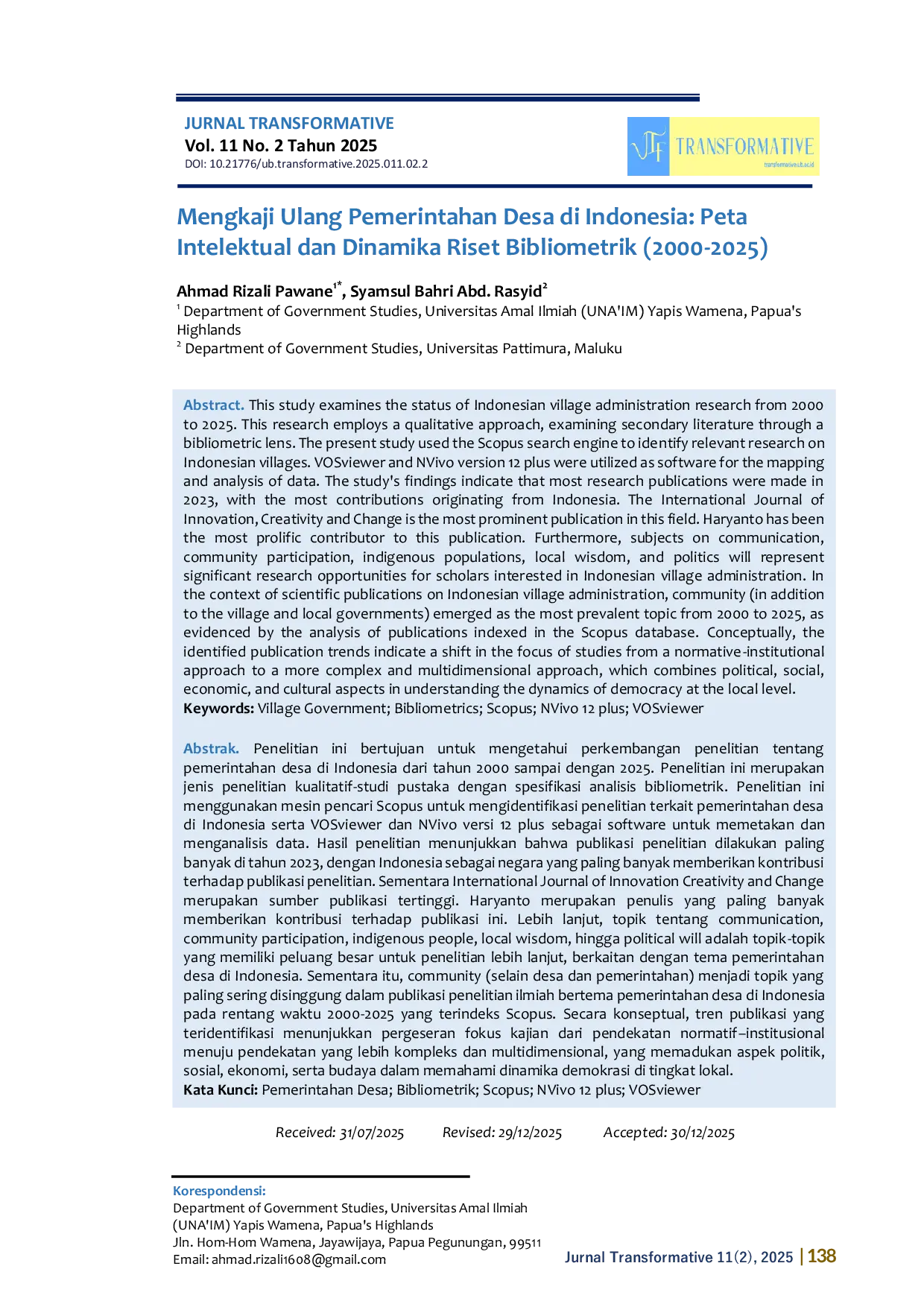 JURIS Mengkaji Ulang Pemerintahan Desa di Indonesia Peta Intelektual dan Dinamika Riset Bibliometrik 2000 2025