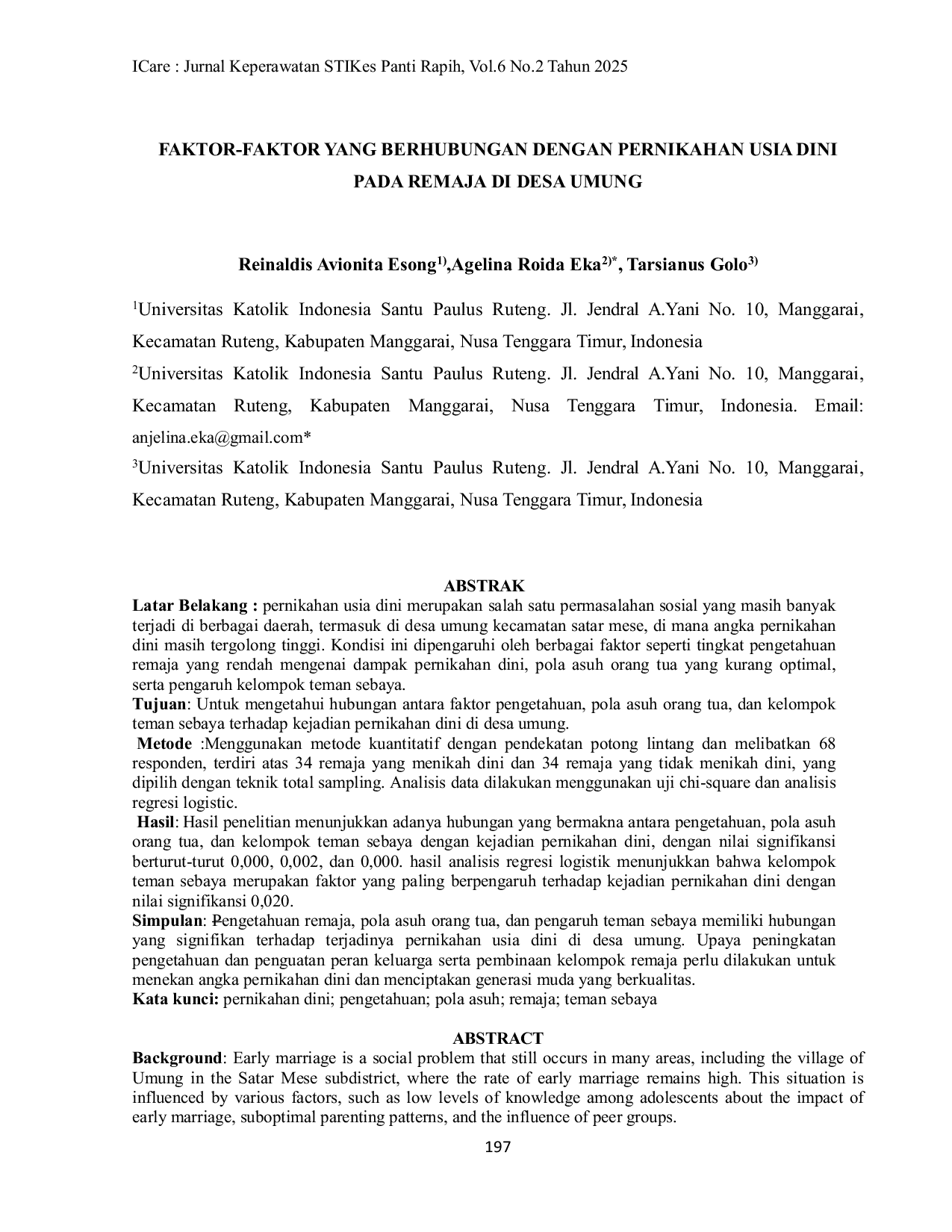 JURIS Faktor Faktor yang Berhubungan Dengan Pernikahan Usia Dini pada Remaja di Desa Umung