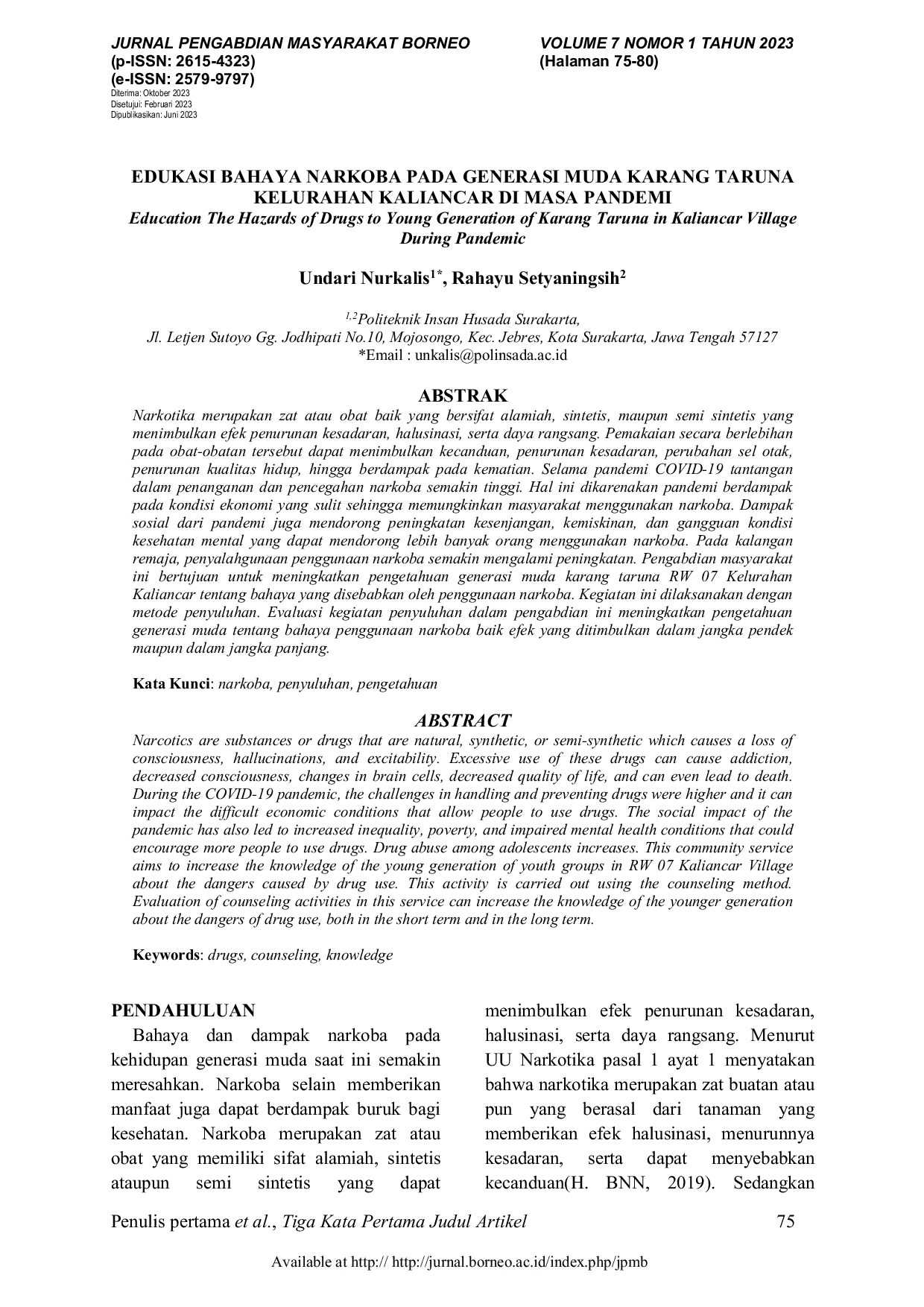 JURIS Edukasi Bahaya Narkoba Pada Generasi Muda Karang Taruna Kelurahan Kaliancar Di Masa Pandemi