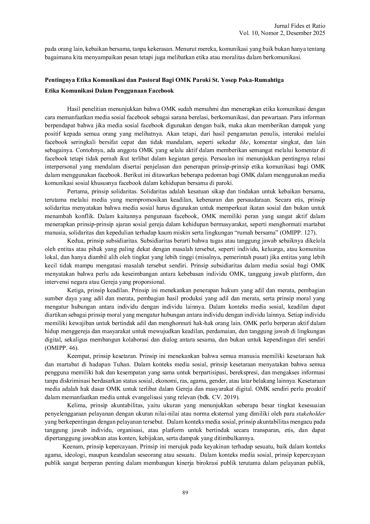 JURIS Penggunaan Facebook Oleh Orang Muda Katolik Paroki Santo Yosep Poka Rumahtiga Tinjauan Etis Pastoral