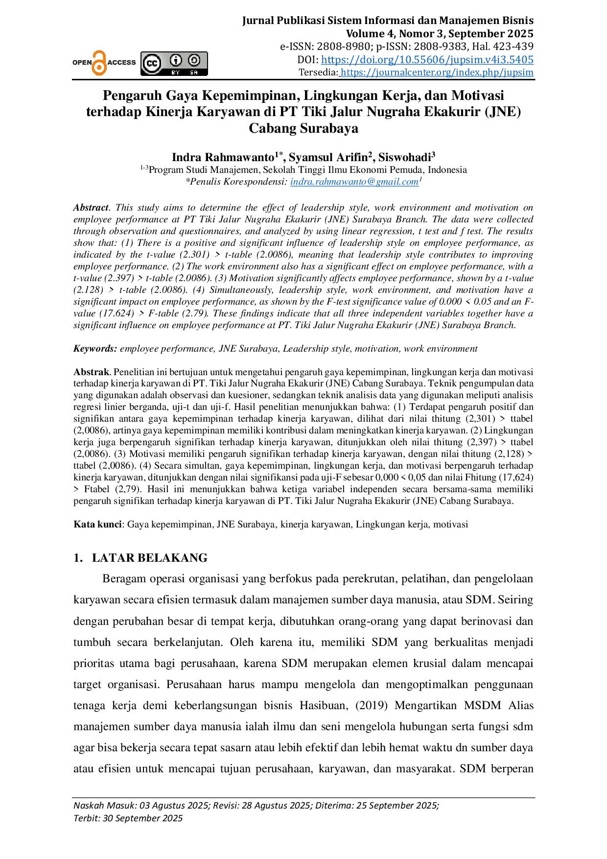 JURIS Pengaruh Gaya Kepemimpinan Lingkungan Kerja dan Motivasi terhadap Kinerja Karyawan di PT Tiki Jalur Nugraha Ekakurir JNE Cabang Surabaya