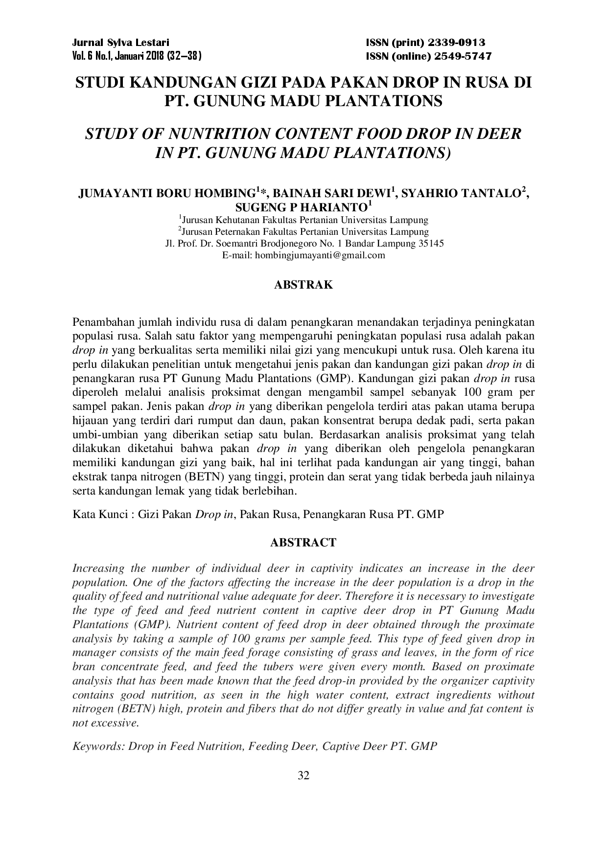 juris Studi Kandungan Gizi pada Pakan Drop In Rusa di PT Gunung Madu Plantations Study of Nutrition Content Food Drop In Deer in PT Gunung Madu Plantations
