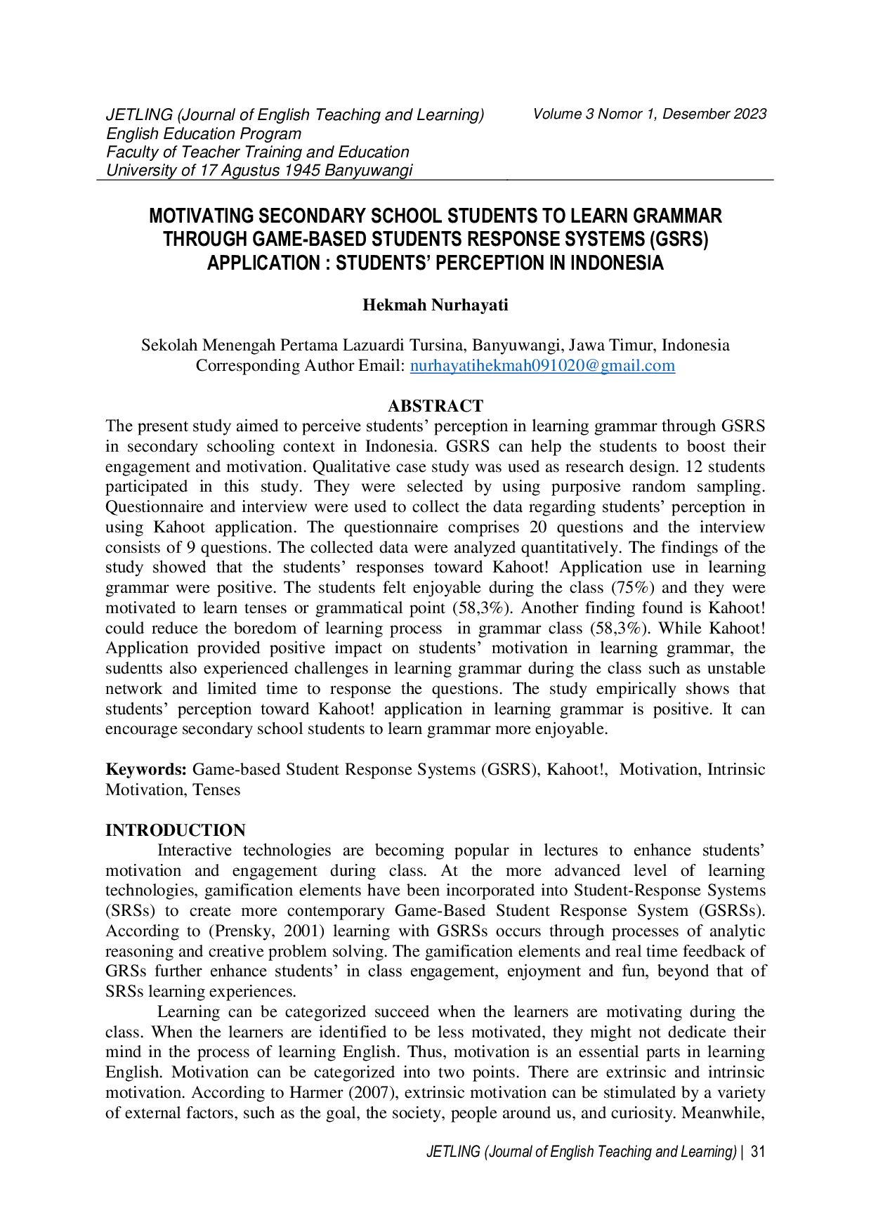JURIS Motivating Secondary School Students to Learn Grammar Through Game Based Students Response Systems GSRS Application Students Perception In Indonesia