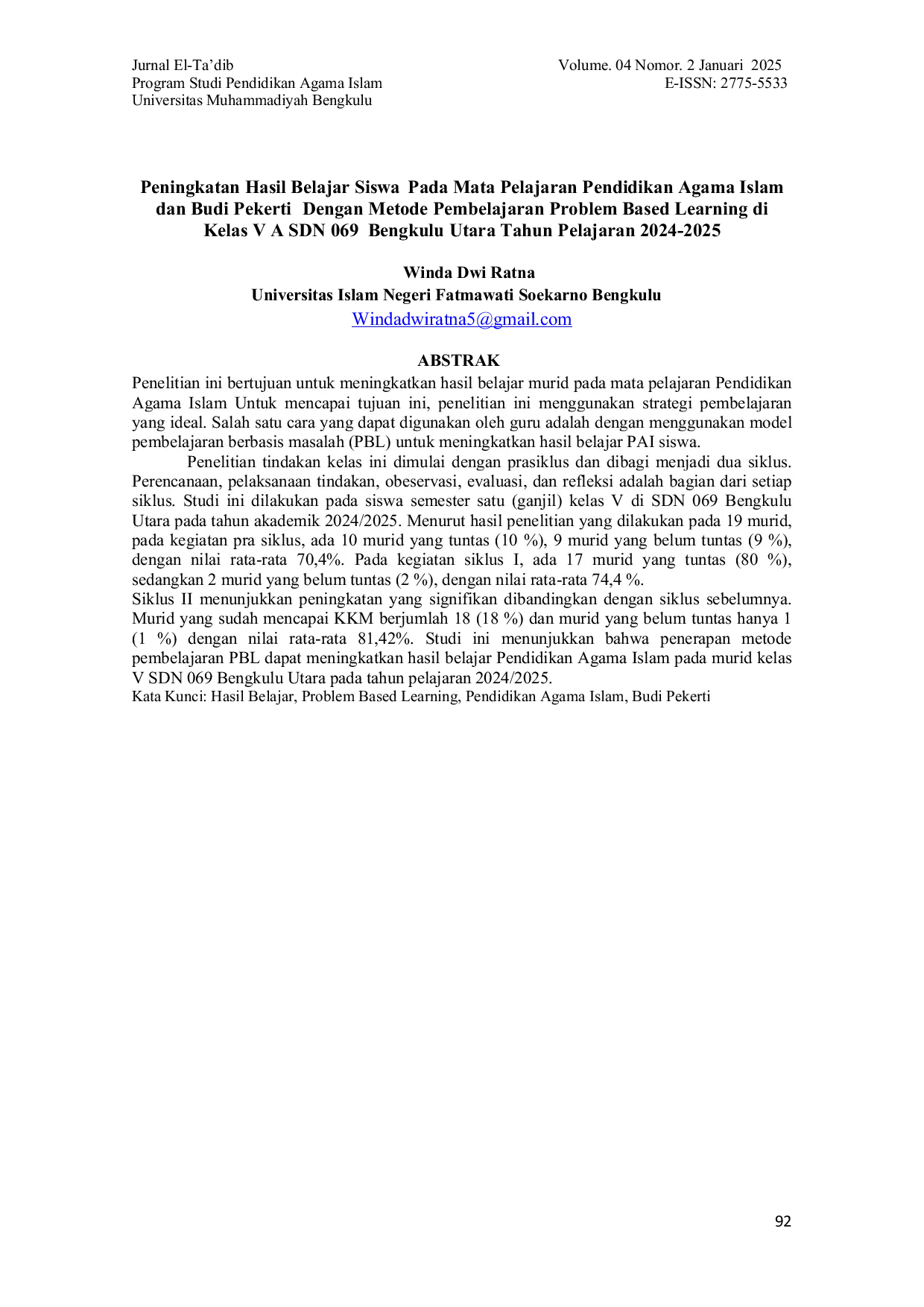 JURIS Peningkatan Hasil Belajar Siswa Pada Mata Pelajaran Pendidikan Agama Islam Dan Budi Pekerti Dengan Metode Pembelajaran Problem Based Learning Di Kelas V A Sdn 069 Bengkulu Utara Tahun Pelajaran 2024 2