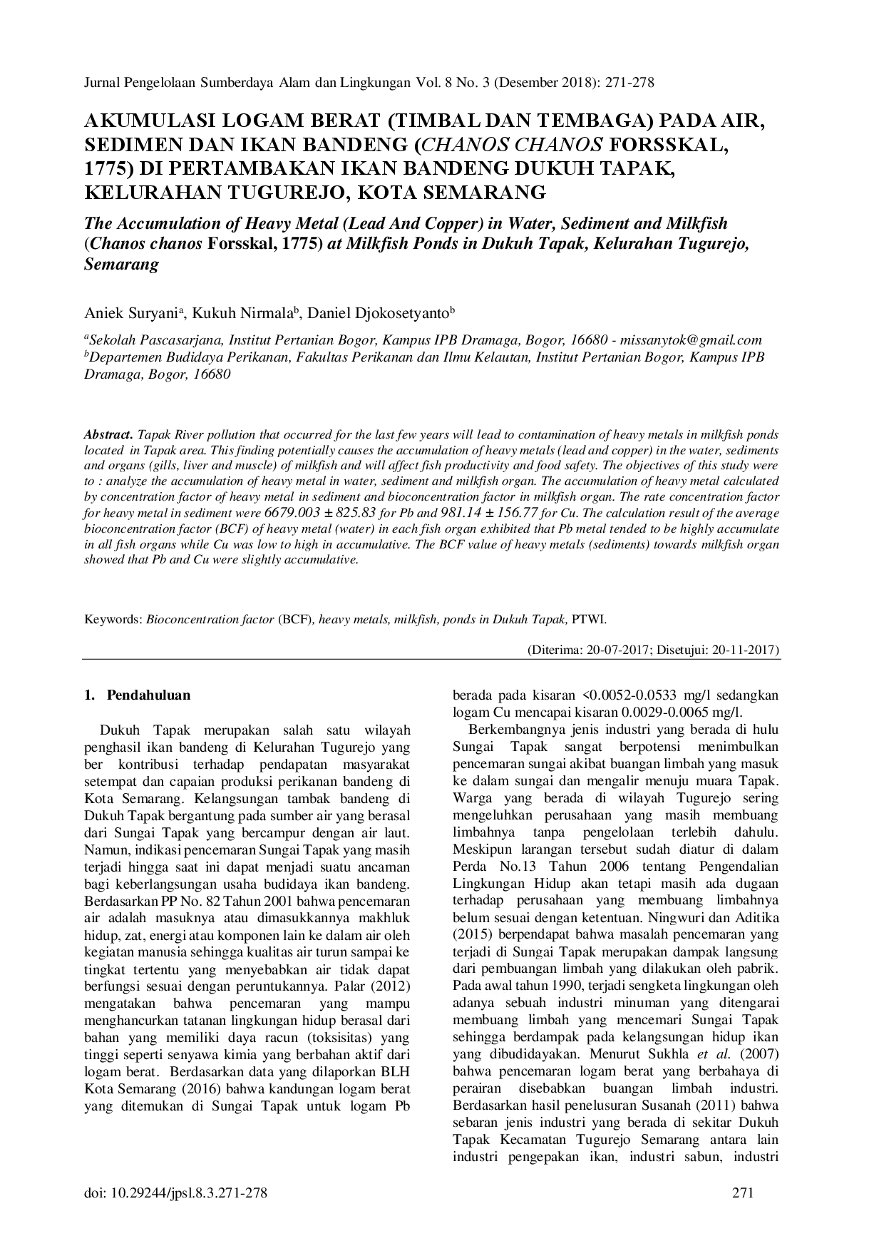 juris Akumulasi Logam Berat Timbal Dan Tembaga Pada Air Sedimen Dan Ikan Bandeng Chanos Chanos Forsskal 1775 Di Pertambakan Ikan Bandeng Dukuh Tapak Kelurahan Tugurejo Kota Semarang