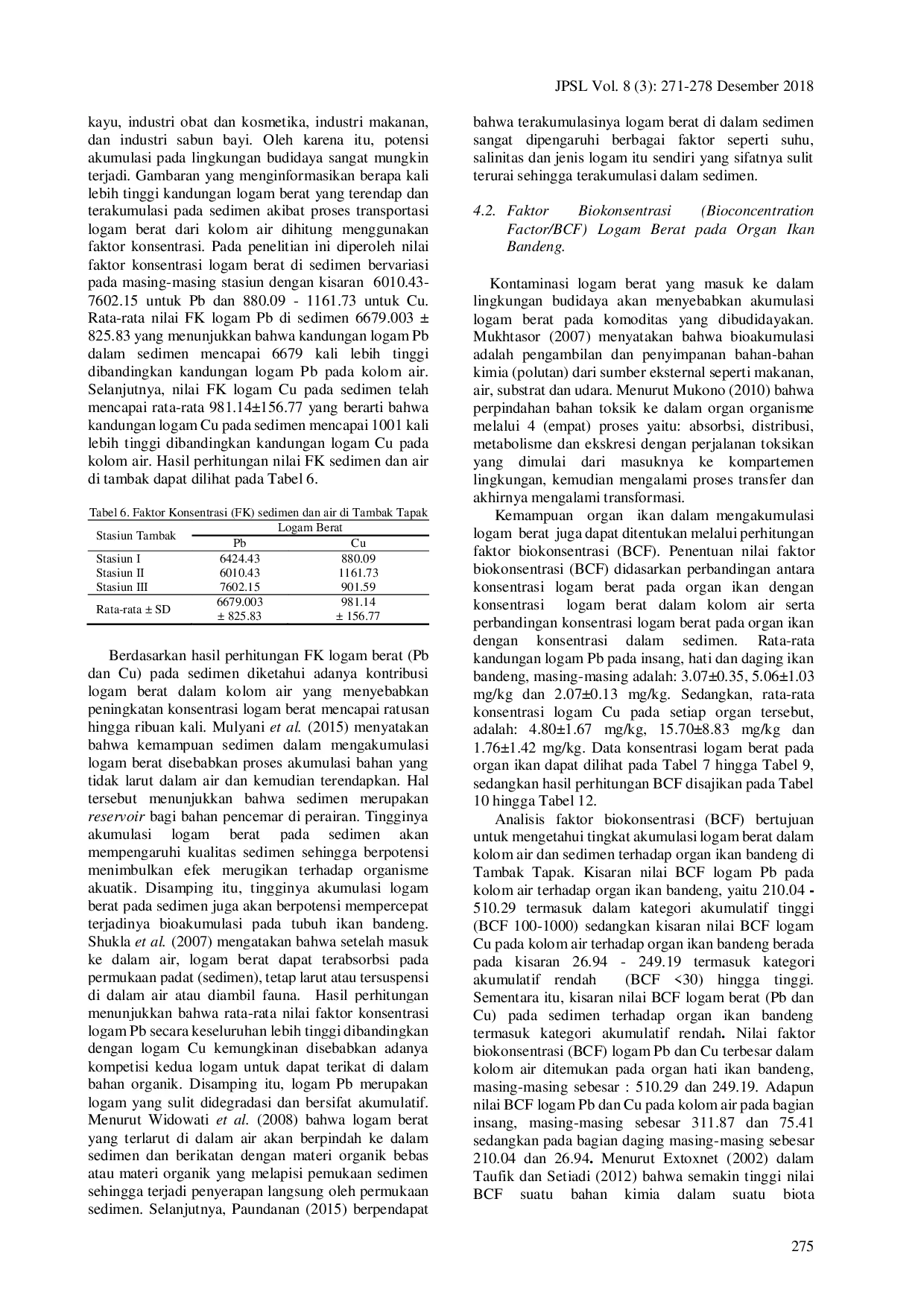 juris Akumulasi Logam Berat Timbal Dan Tembaga Pada Air Sedimen Dan Ikan Bandeng Chanos Chanos Forsskal 1775 Di Pertambakan Ikan Bandeng Dukuh Tapak Kelurahan Tugurejo Kota Semarang