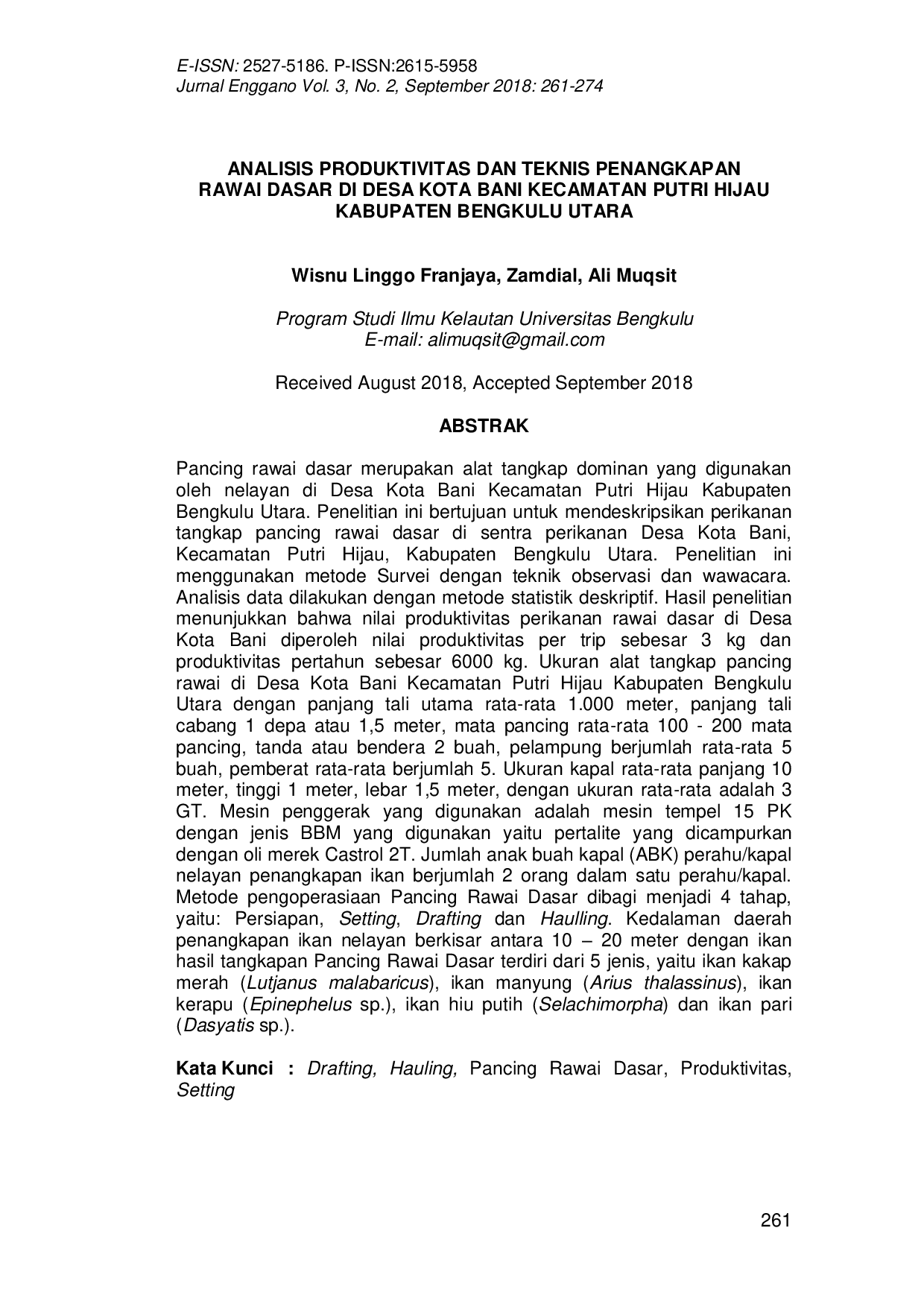 JURIS Analisis Produktivitas Dan Teknis Penangkapan Rawai Dasar Di Desa Kota Bani Kecamatan Putri Hijau Kabupaten Bengkulu Utara