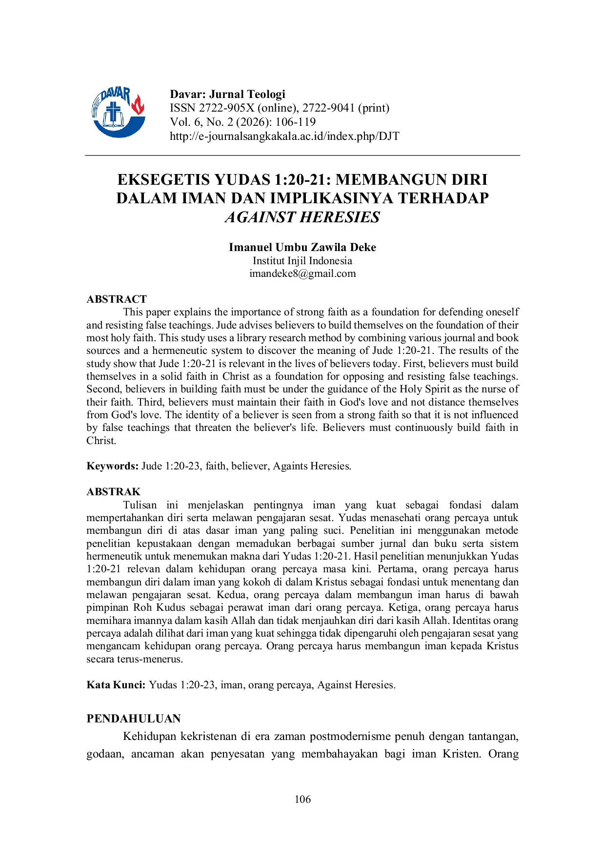 JURIS Eksegetis Yudas 1 20 21 membangun diri dalam iman dan implikasinya terhadap Against Heresies