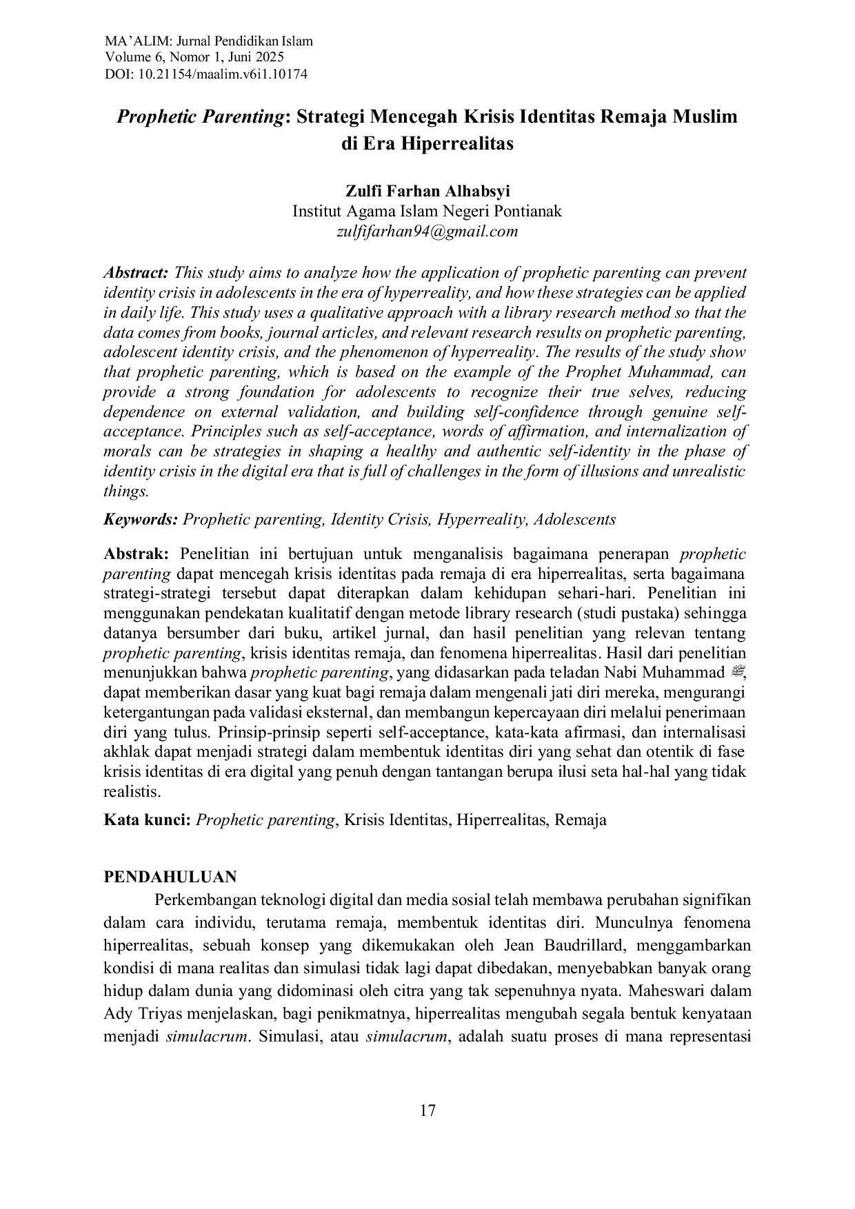 JURIS Prophetic Parenting Strategi Mencegah Krisis Identitas Remaja Muslim di Era Hiperrealitas