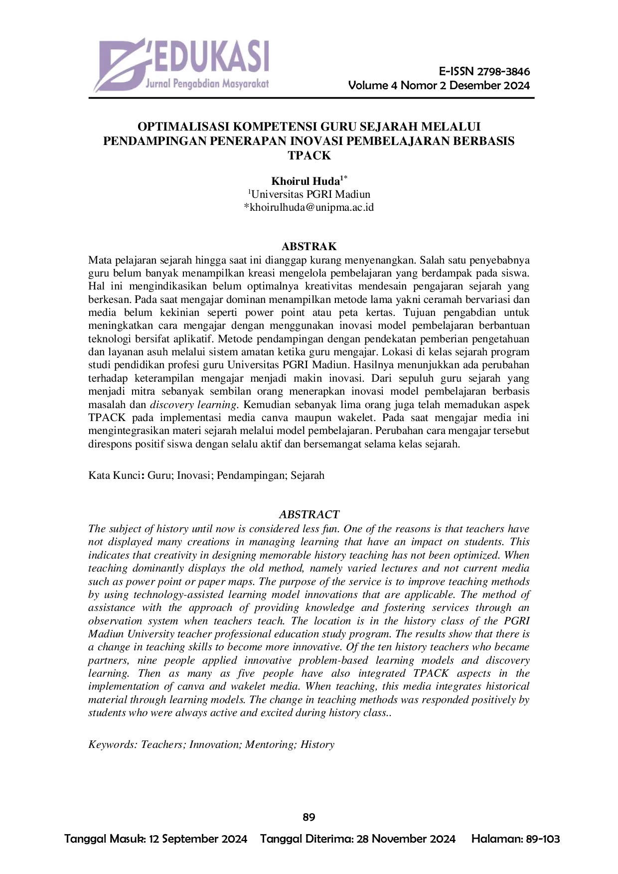 JURIS Optimalisasi Kompetensi Guru Sejarah Melalui Pendampingan Penerapan Inovasi Pembelajaran Berbasis Tpack