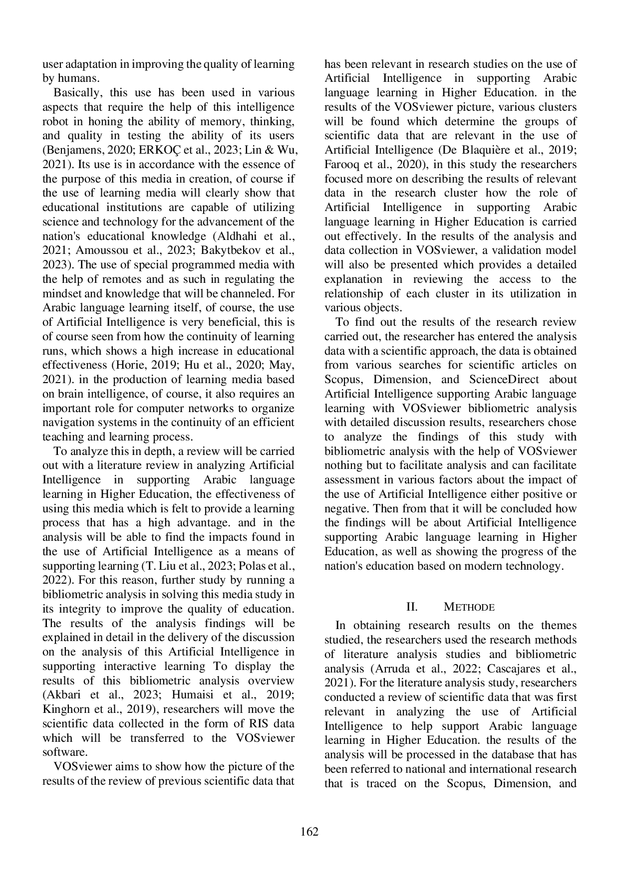 JURIS Artificial Intelligence as a Support for Arabic Language Learning in Higher Education with VOSviewer Analysis