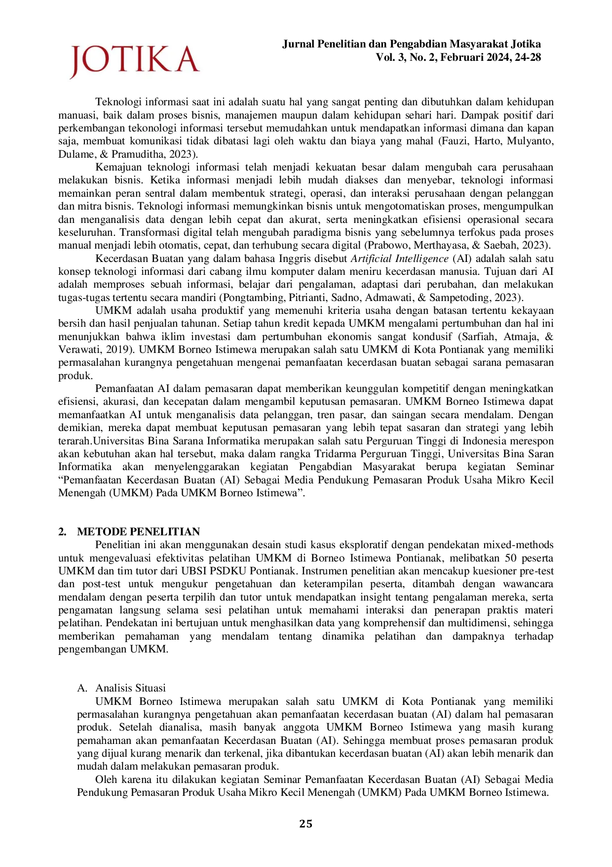 JURIS Pemanfaatan Kecerdasan Buatan AI Sebagai Media Pendukung Pemasaran Produk Usaha Mikro Kecil Menengah UMKM Pada UMKM Borneo Istimewa