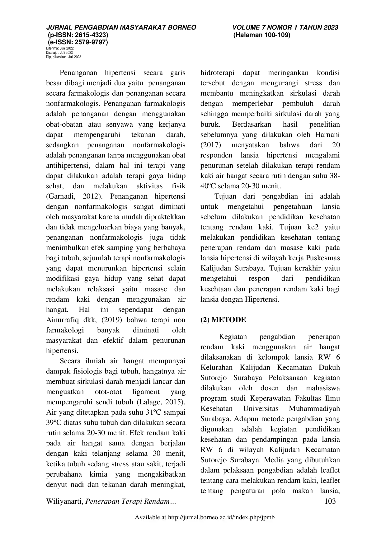 JURIS Penerapan Terapi Rendam Kaki Menggunakan Air Hangat Pada Kelompok Lansia Dengan Hipertensi Di Wilayah Kalijudan Surabaya