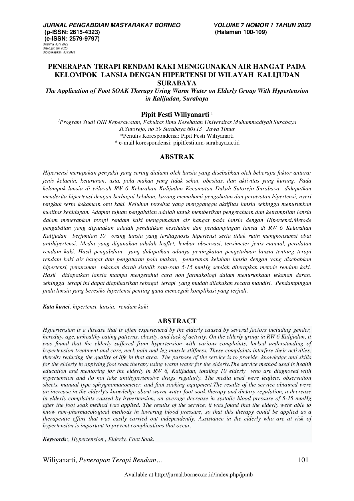 JURIS Penerapan Terapi Rendam Kaki Menggunakan Air Hangat Pada Kelompok Lansia Dengan Hipertensi Di Wilayah Kalijudan Surabaya