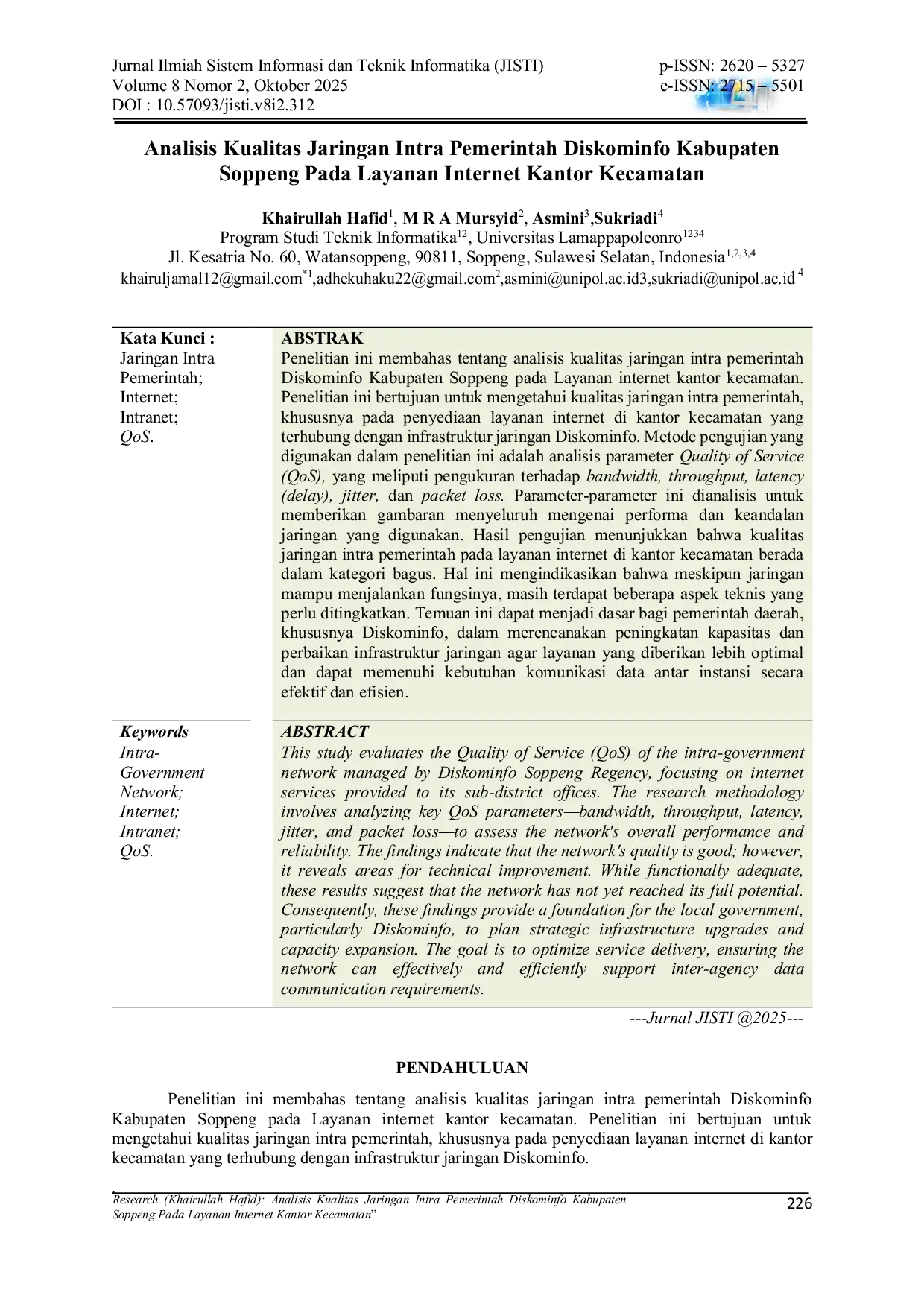 JURIS Analisis Kualitas Jaringan Intra Pemerintah Diskominfo Kabupaten Soppeng Pada Layanan Internet Kantor Kecamatan