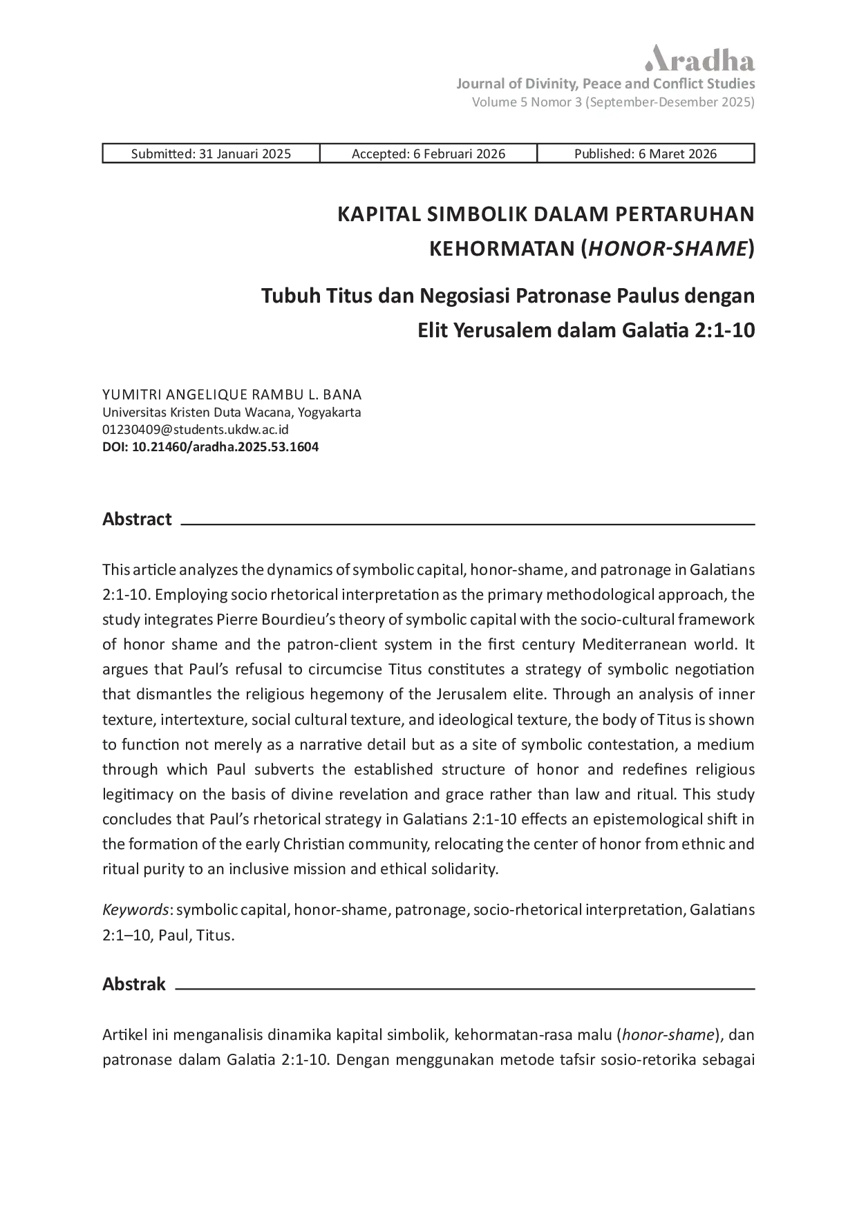 JURIS Kapital Simbolik dalam Pertaruhan Kehormatan Honor Shame Tubuh Titus danNegosiasi Patronase Paulus dengan Elit Yerusalem dalam Galatia 2 1 10