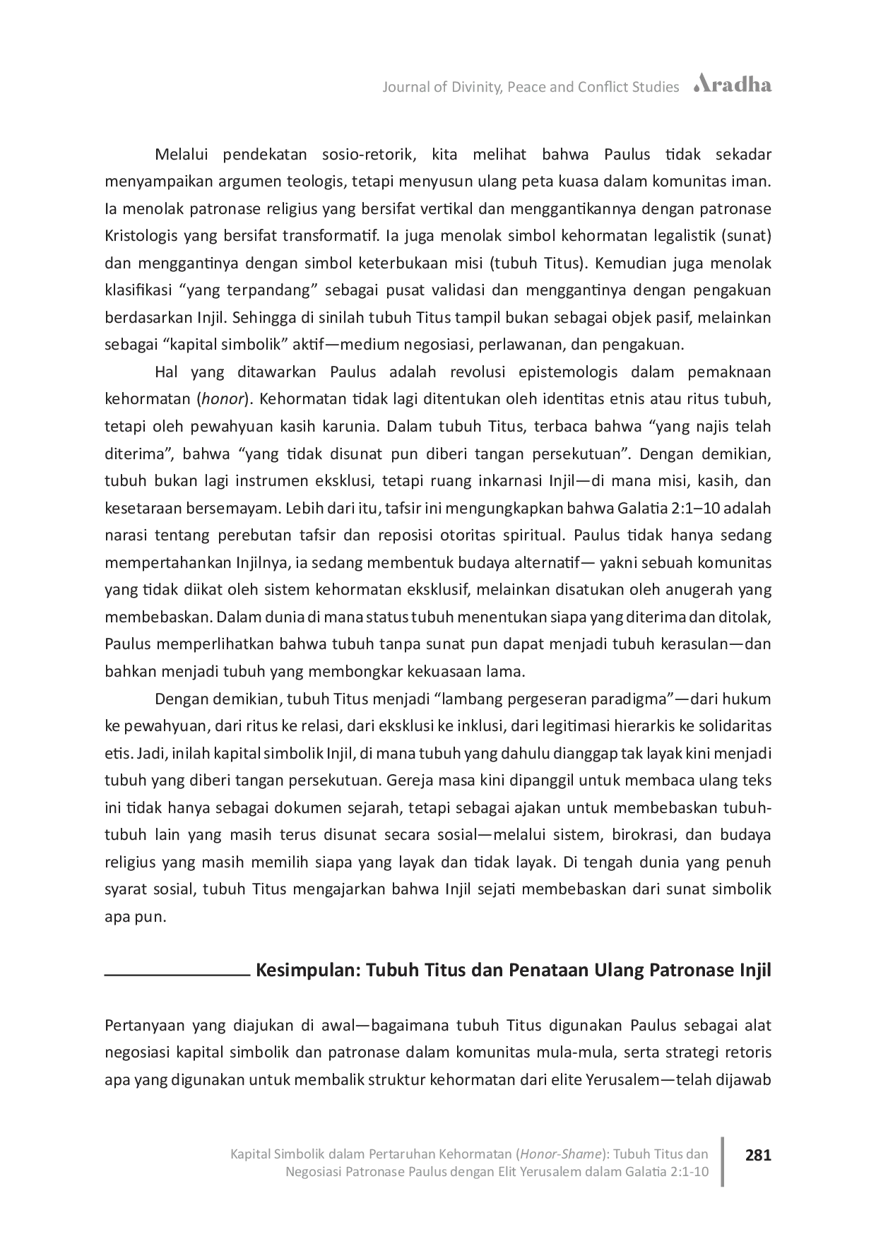 JURIS Kapital Simbolik dalam Pertaruhan Kehormatan Honor Shame Tubuh Titus danNegosiasi Patronase Paulus dengan Elit Yerusalem dalam Galatia 2 1 10
