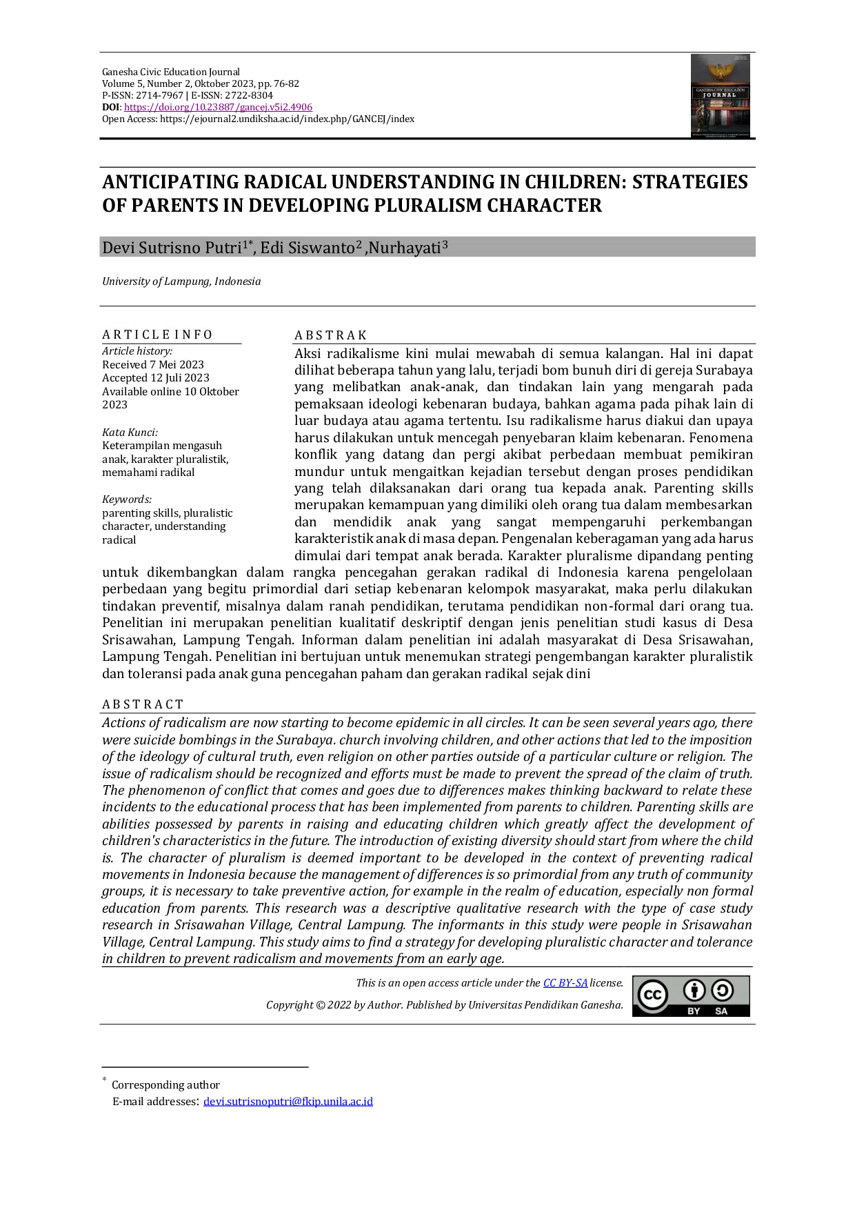 JURIS Mengantisipasi Pemahaman Radikal Pada Anak Strategi Orang Tua Dalam Mengembangkan Karakter Pluralisme