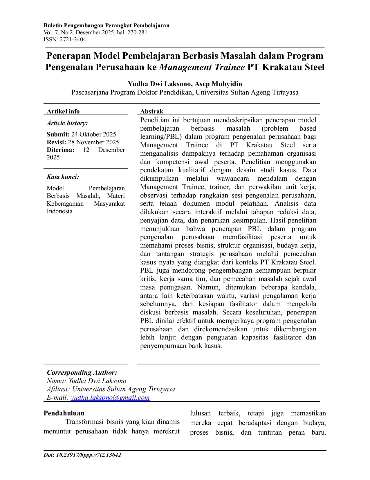 JURIS Penerapan Model Pembelajaran Berbasis Masalah Dalam Program Pengenalan Perusahaan ke Management Trainee PT Krakatau Steel